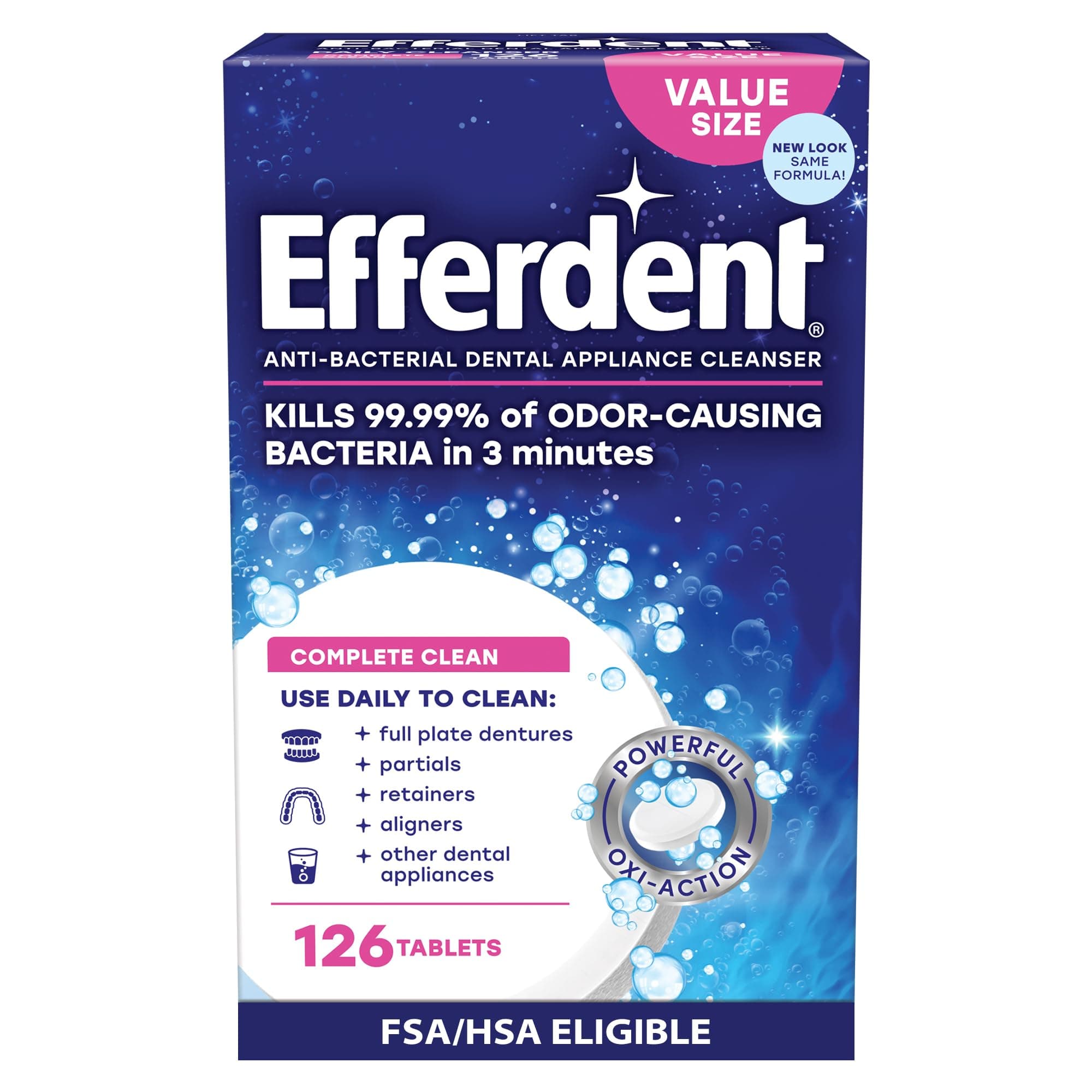 Efferdent Denture Cleaner Tablets – Dental Appliances, Aligners, Mouth Guard, and Retainer Cleaner Tablets, Complete Clean, 126 Count 126 Count (Pack of 1)