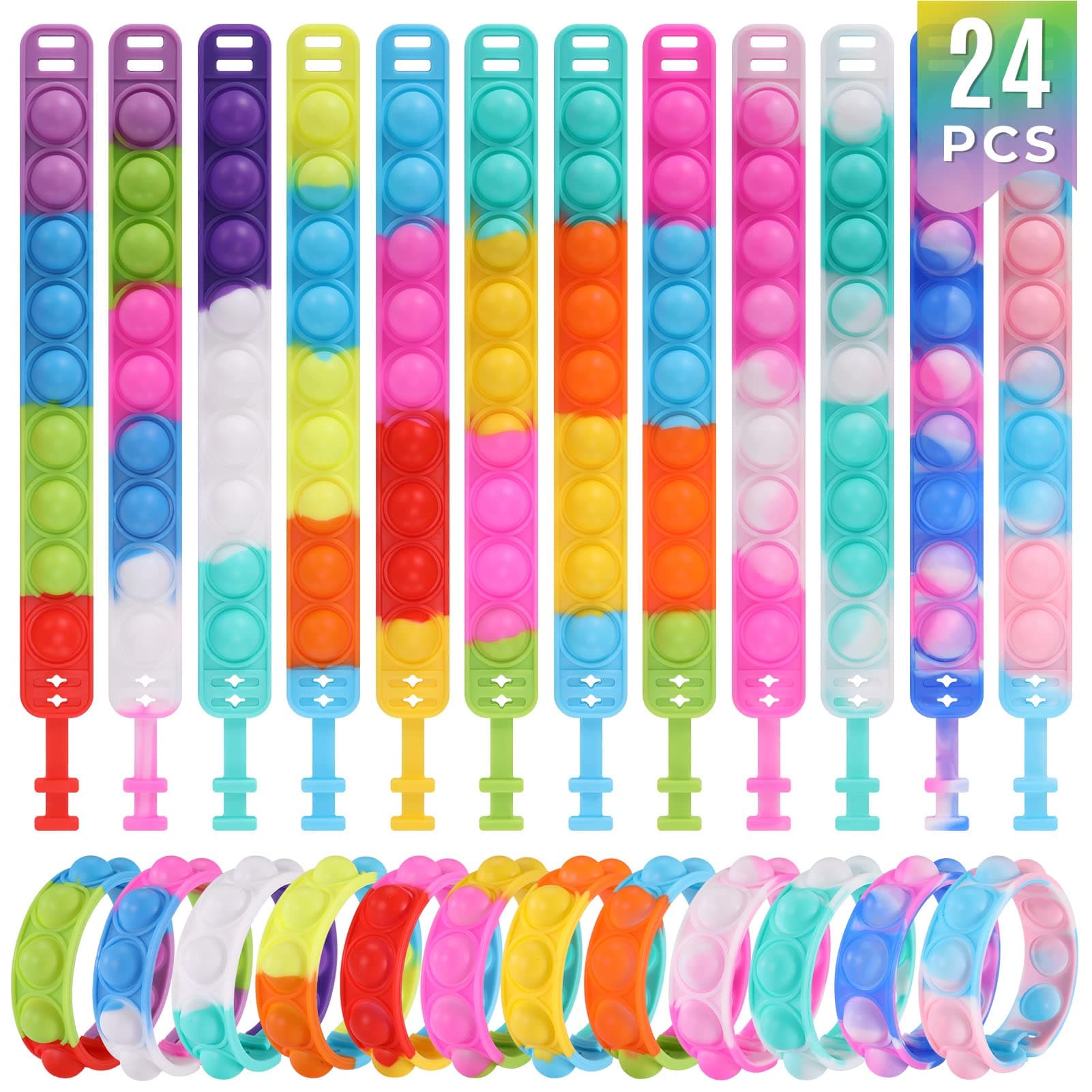 Kids Party Favors Pop Fidget Toys Bulk Its 24 Packs Fidget Bracelet It Birthday Party Favors for Halloween Goodie Bags Stuffers for Kids Classroom Prizes Poppers Student Gifts Girls Boys Trinkets Pop Bracelets 24 PCS