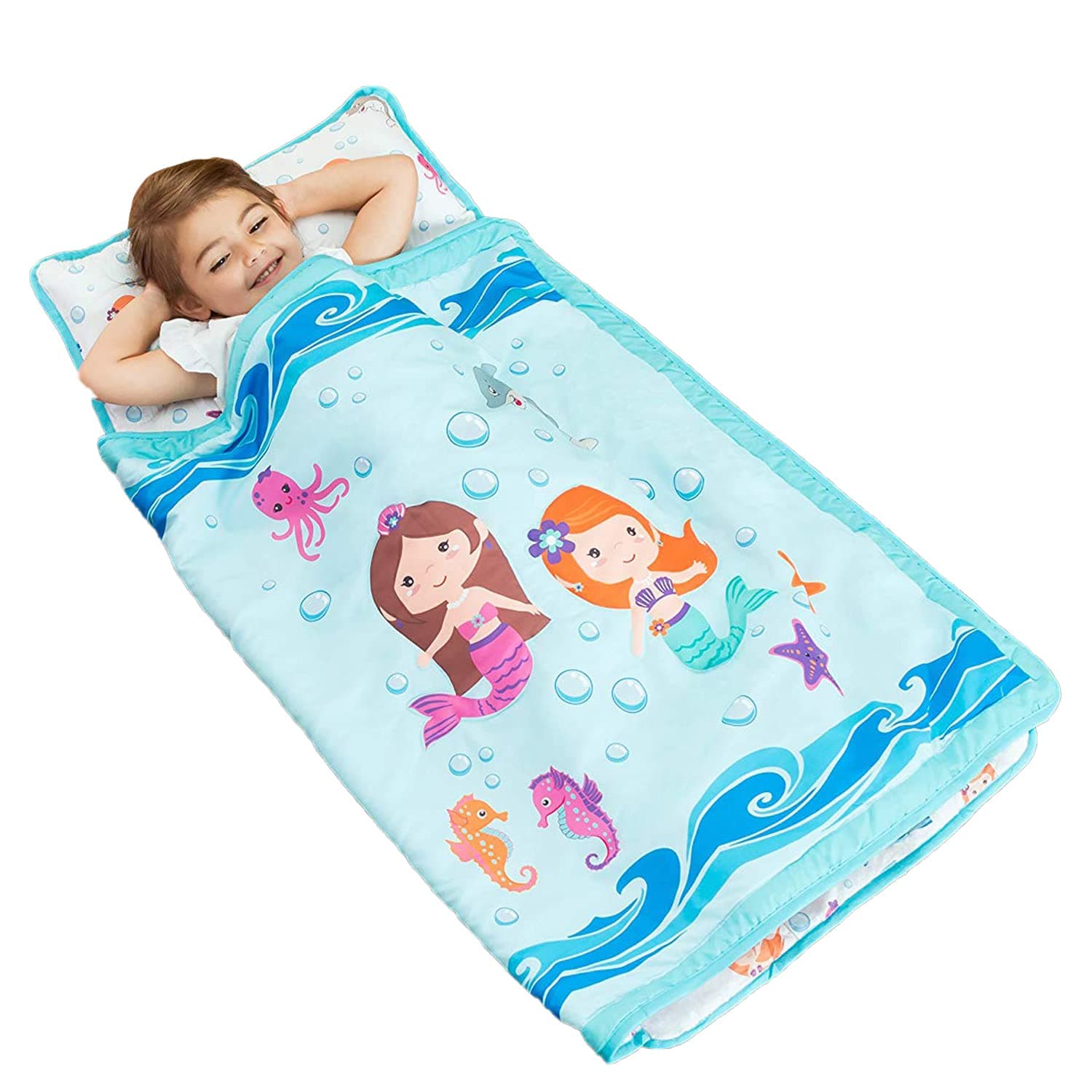 EVERYDAY KIDS Toddler Nap Mat with Removable Pillow -Underwater Mermaids- Carry Handle with Fastening Straps Closure, Rollup Design, Soft Microfiber for Preschool, Daycare Sleeping Bag, Ages 2-6 years Underwater Mermaids - Age 2-6 Years