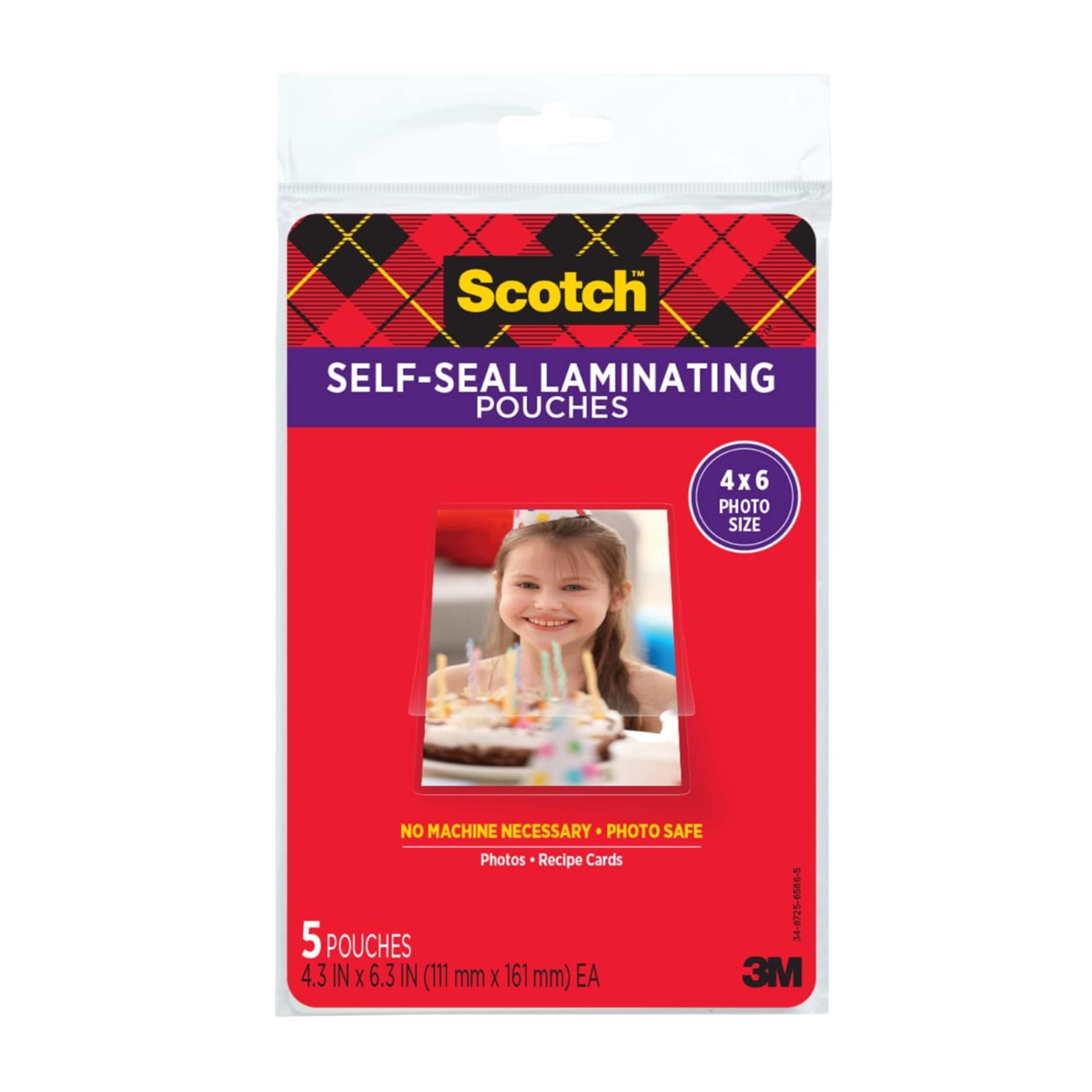 Scotch Self-Sealing Laminating Pouches, Gloss Finish, Photo Size 4 x 6 Inches, 5/Pack Single Pack