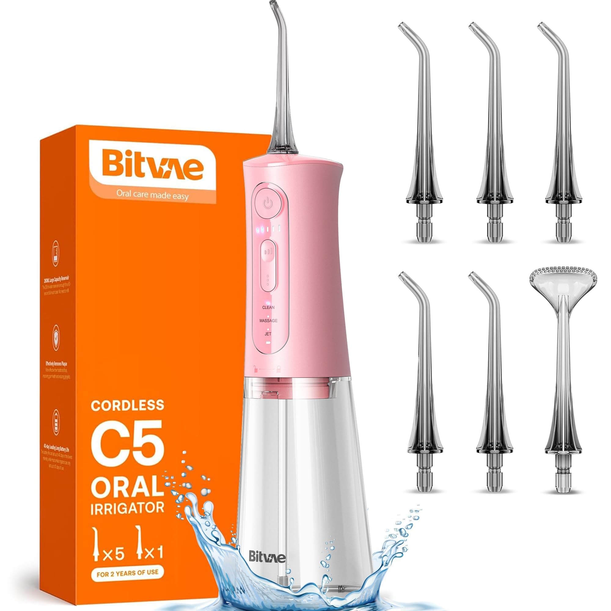 Bitvae Water Dental Flosser Teeth Picks, Cordless Portable Oral Irrigator, Powerful and Rechargeable Oral Irrigator, Brace Care, IPX7 Waterproof Water Dental Picks for Cleaning, Quartz Pink 260ml Quartz Pink