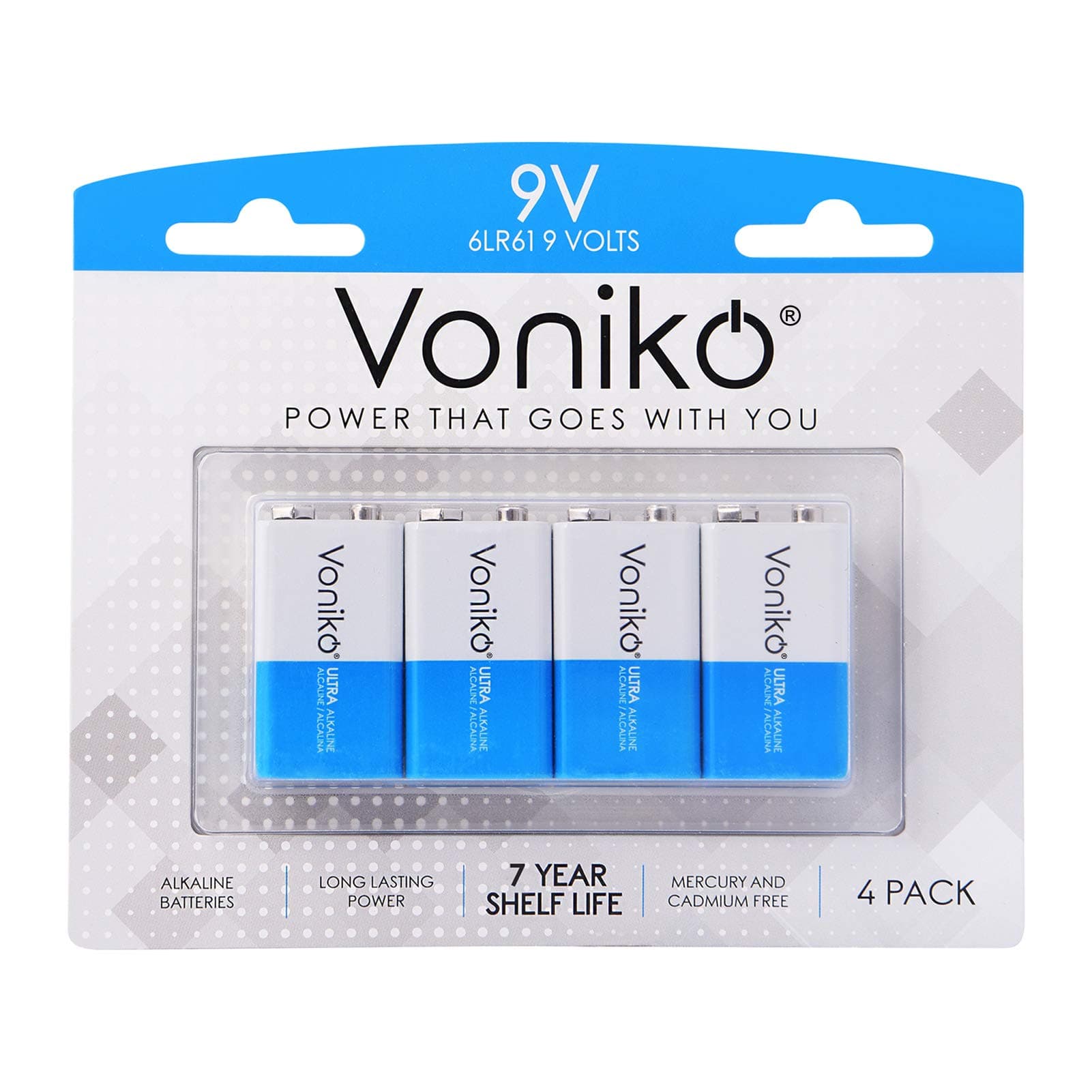 Voniko 9V Batteries - Alkaline 9V Battery 4 Pack - Ultra Long Lasting with a 7 - Year Shelf Life 4 Count (Pack of 1)