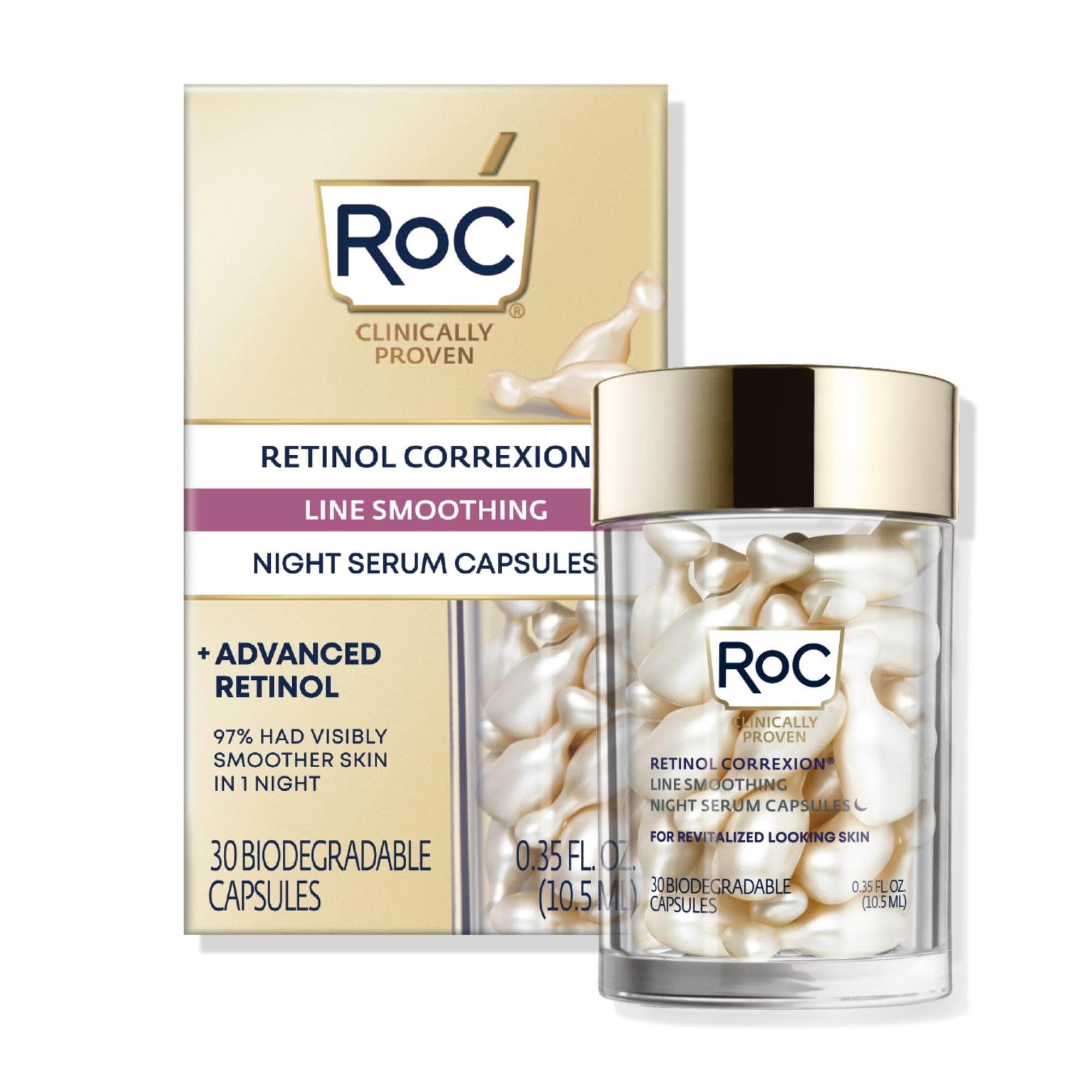 RoC Retinol Correxion Anti-Aging Wrinkle Night Serum, Retinol Serum for Face, Daily Treatment for Fine Lines, Post Acne Scars, 30 Capsules, Unscented, 0.35 Fl Oz 1 Count