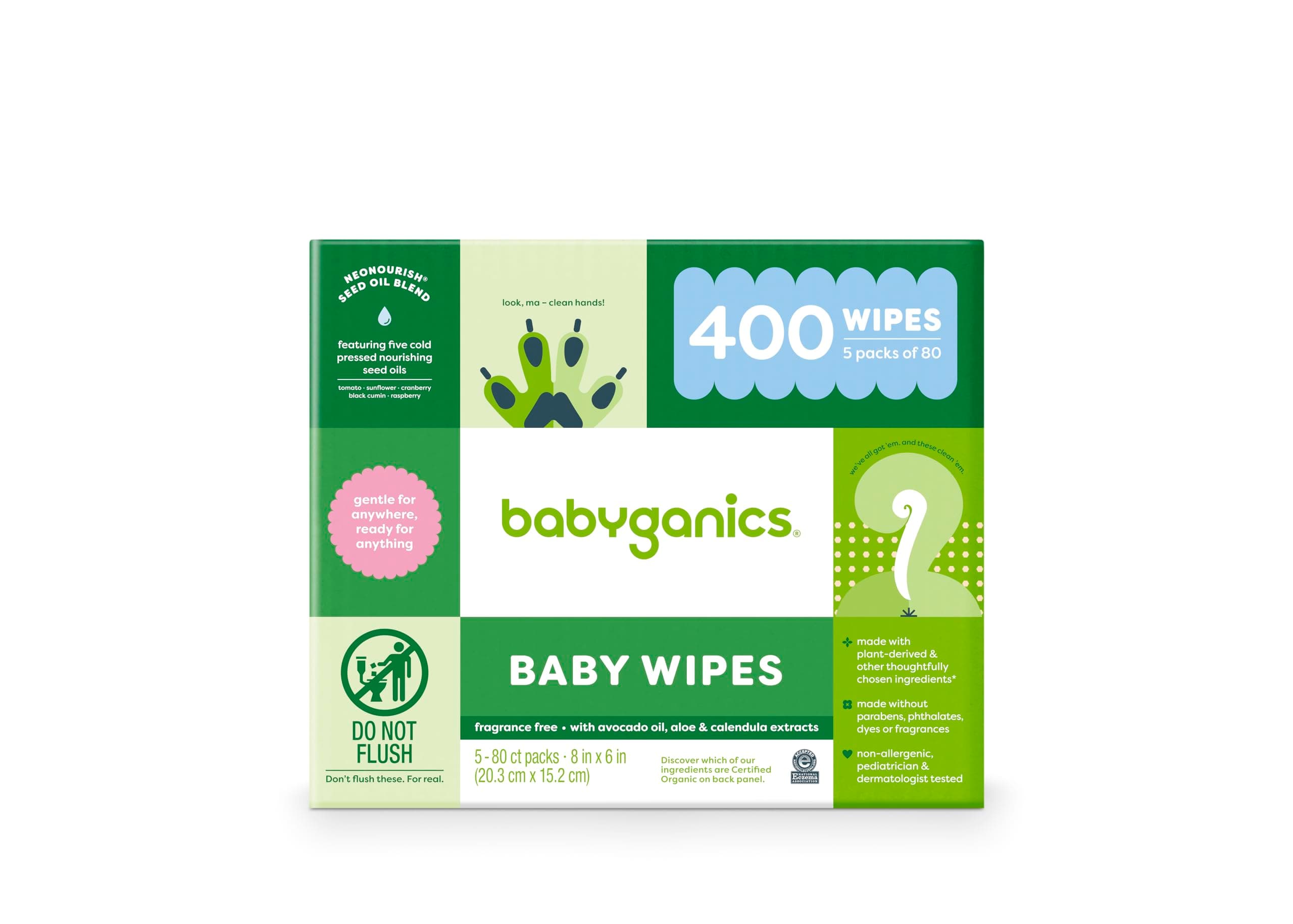 Babyganics Baby Wipes, Unscented Diaper Wipes, 400 Count, (5 Packs of 80), Non-Allergenic and formulated with Plant Derived Ingredients 80 count (Pack of 5)
