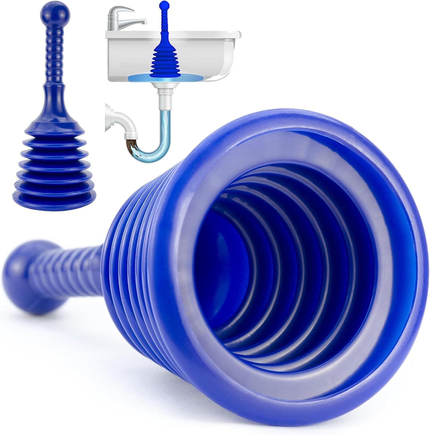 Luigi's Sink Plunger Kitchen - Sink Plunger Bathroom - Drain Bathtub or Shower - Small and Powerful Clog Remover - Commercial Style "Plumbers Plungers" with Large Bellows Blue - Small Drain Plunger