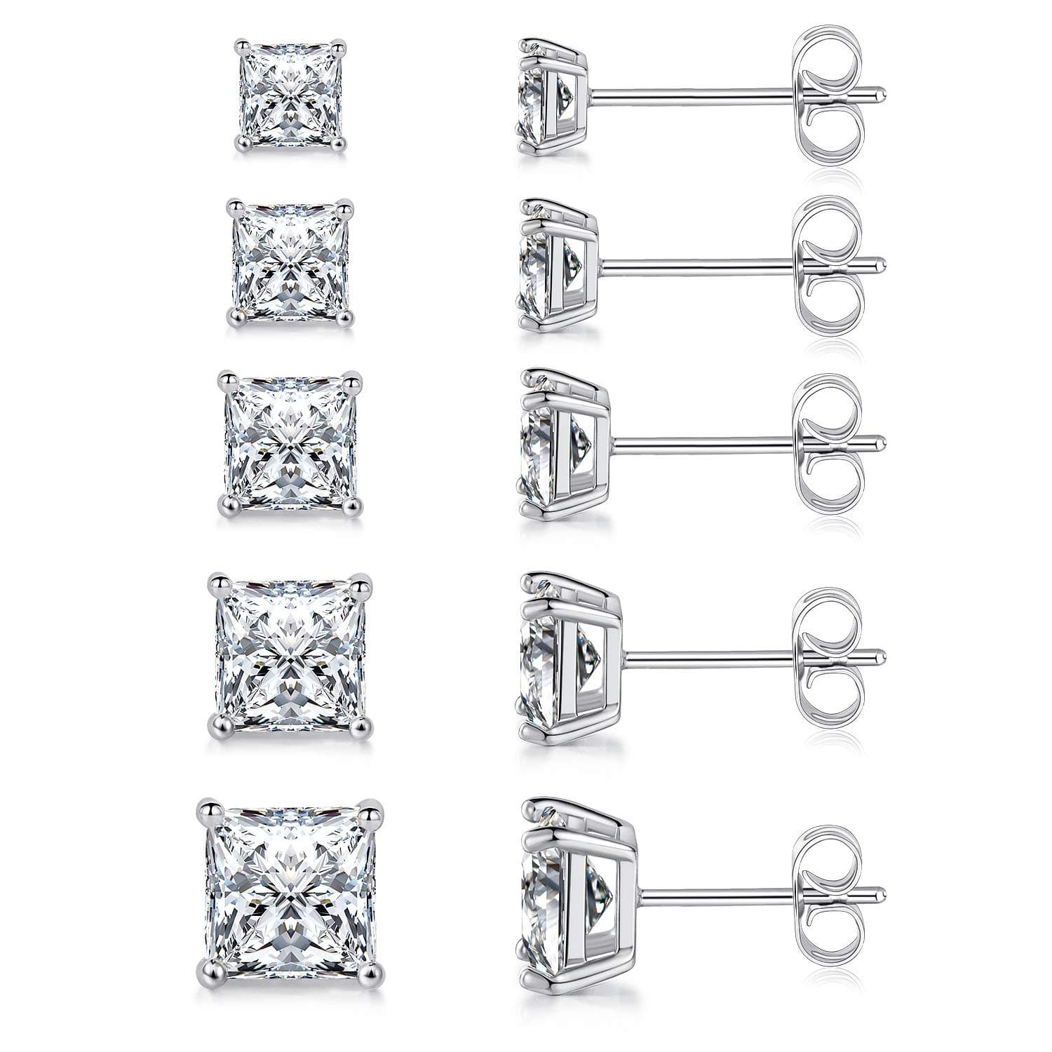 MDFUN 5 Pairs Square Earrings Set for Women Hypoallergenic 18K White Gold/Yellow Gold/Rose Gold Plated Princess Cut Clear Cubic Zirconia Stud Earring 3-7MM Pack of 5