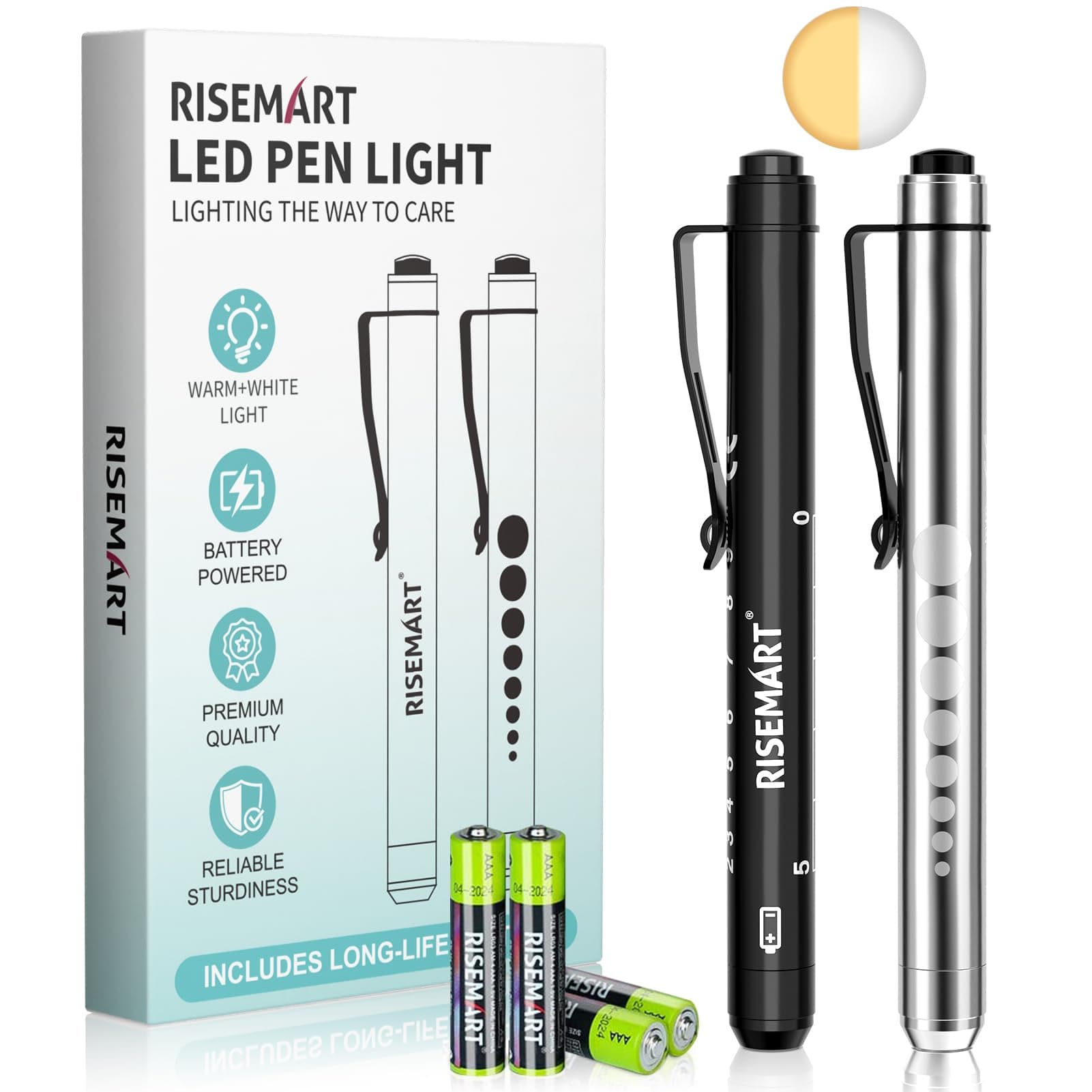 RISEMART Pen Light, Nurse Led Medical Penlight with Pupil Gauge for Nursing Students Doctors Black and Silver with Batteries Black&Silver