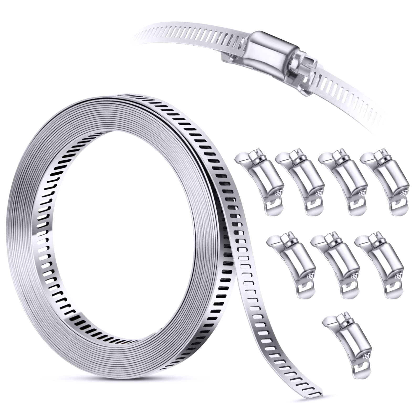 304 Stainless Steel Hose Clamp Assortment Kit DIY, Cut-To-Fit 12 FT Metal Strap+8 Stronger Fasteners,Large Adjustable Worm Gear Band Hose Clamps Screw Clamps Duct Pipe Metal Clamp Strapping 12 FT Strap+8 Fasteners