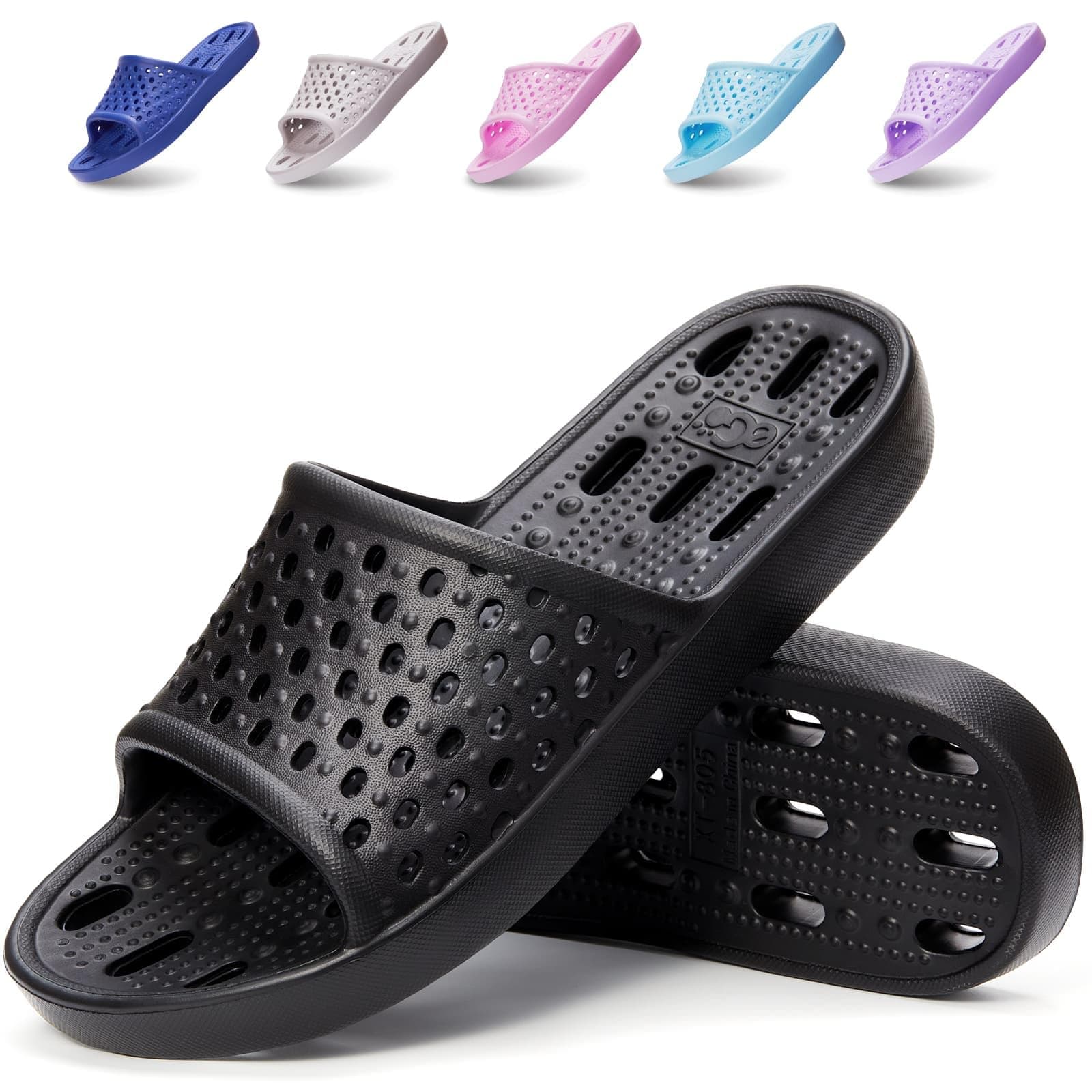 Xomiboe Shower Shoes Men Quick Drying Women Shower Sandals Non-Slip Comfortable House Slippers Bathroom Hotel Flip Flops Slides With Students Gym 13-14 Wide Women/11.5-12.5 Men Black