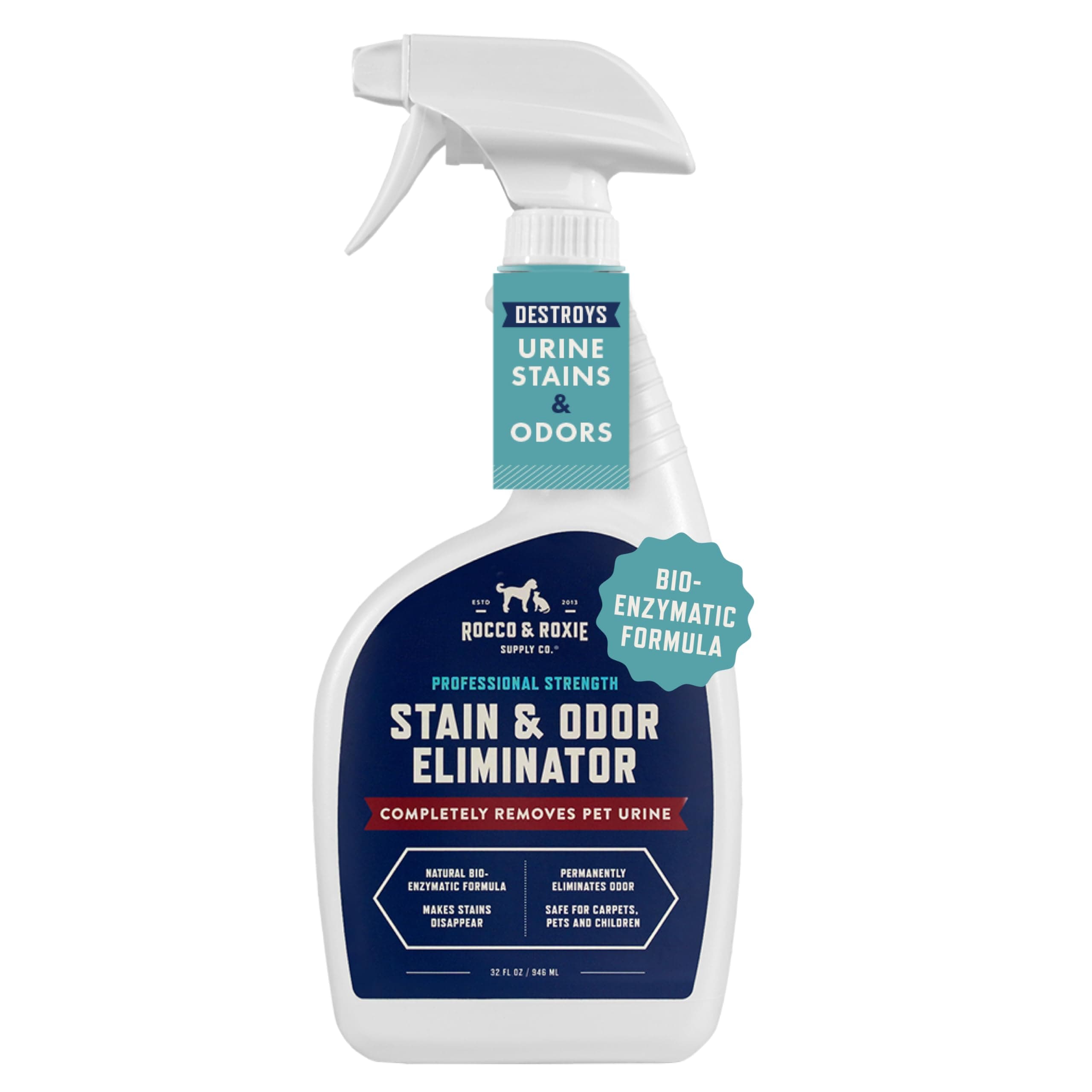 Rocco & Roxie Supply Co. Stain & Strong Odor Eliminator, Enzyme Cleaner, Pet Odor Eliminator for Home - Carpet Stain Remover for Cats & Dog Pee - Urine Destroyer - Carpet Cleaner Spray Clear, 32 Fl Oz Original 32 Fl Oz (Pack of 1)