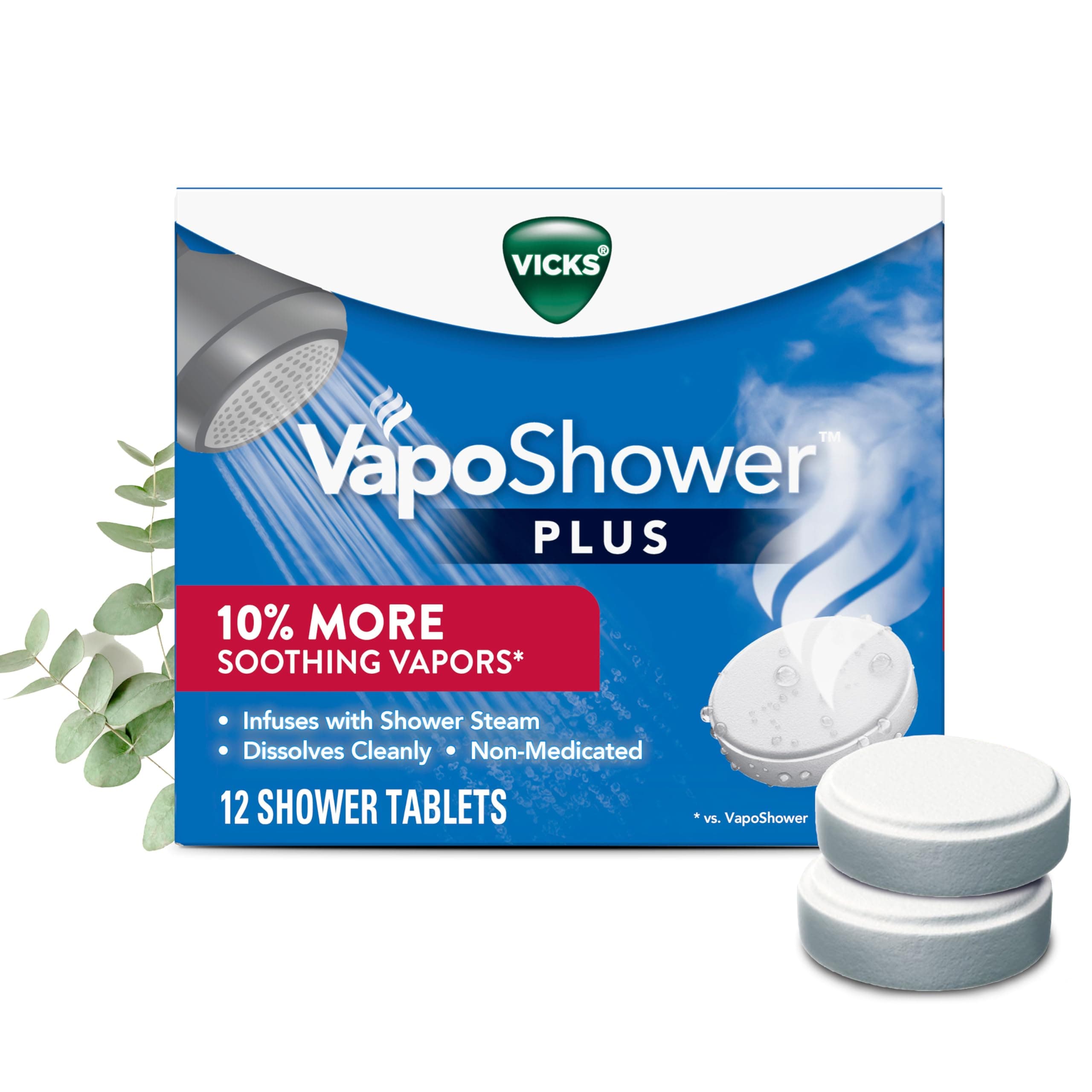 Vicks, VapoShower Plus, Shower Steamers, Eucalyptus Shower Steamer & Menthol Scent, Clean Dissolving Vapor Shower Tablets, Aromatherapy Shower Steamer & Shower Bombs, 12 count VapoShower Plus 12ct