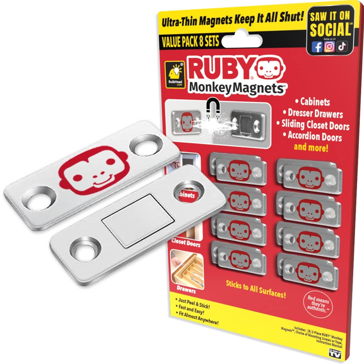 RUBY Monkey Magnets AS-SEEN-ON-TV, Ultra-Thin Magnetic Plates Keep It All Shut, Fast and Easy Installation, Just Peel & Stick, Slim Design Fits Virtually Anywhere, Cabinets, Drawers & More, 8 Sets Red 8 Count (Pack of 1)