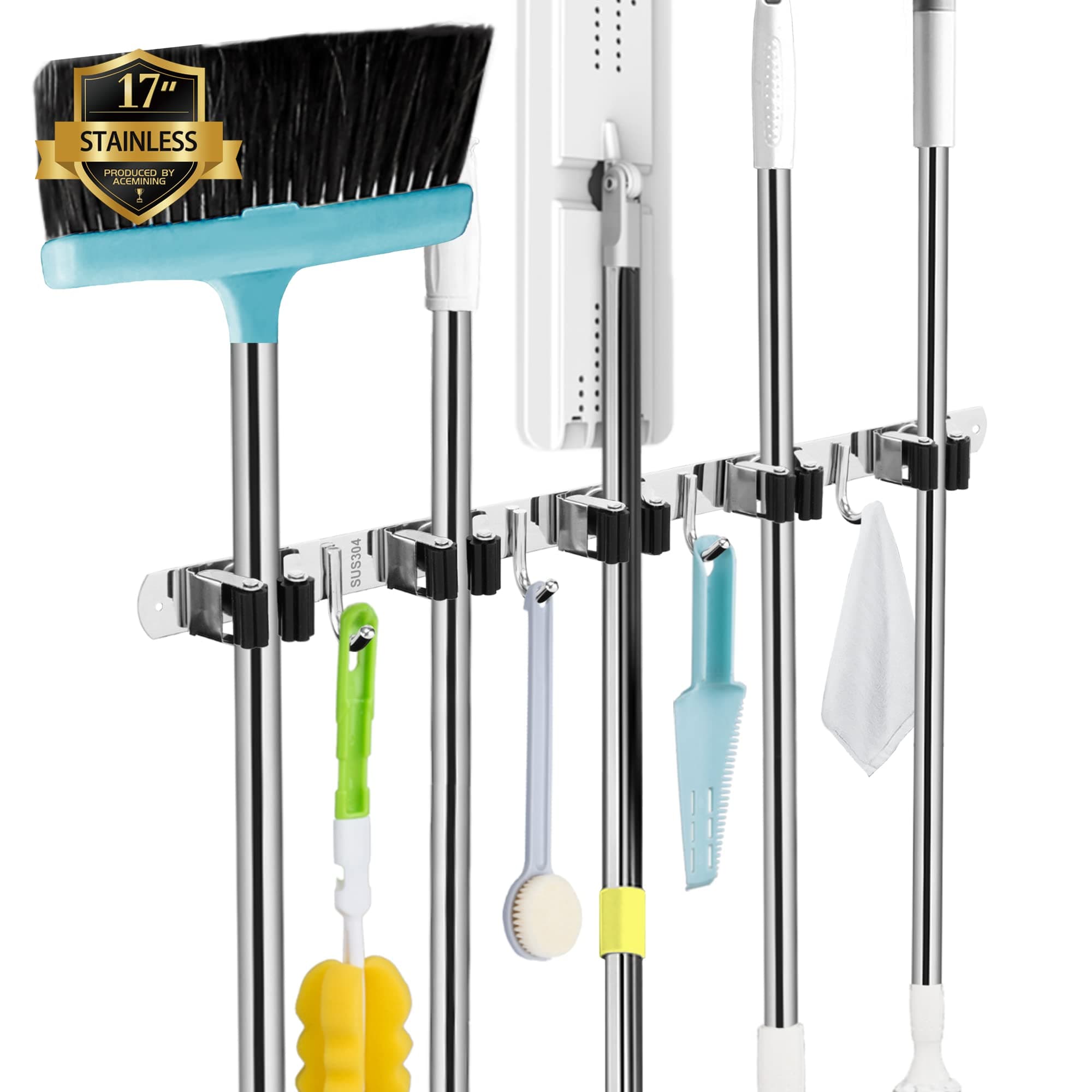 AceMining 5 Racks and 4 Hooks Mop and Broom Holder Wall Mount, Broom Organizer Storage Tool Racks Stainless Steel Heavy Duty Hooks Self Adhesive Solid Non-slip for Home Kitchen Garden Laundry Garage 5 Racks & 4 Hooks (Silver) - 1 Pack