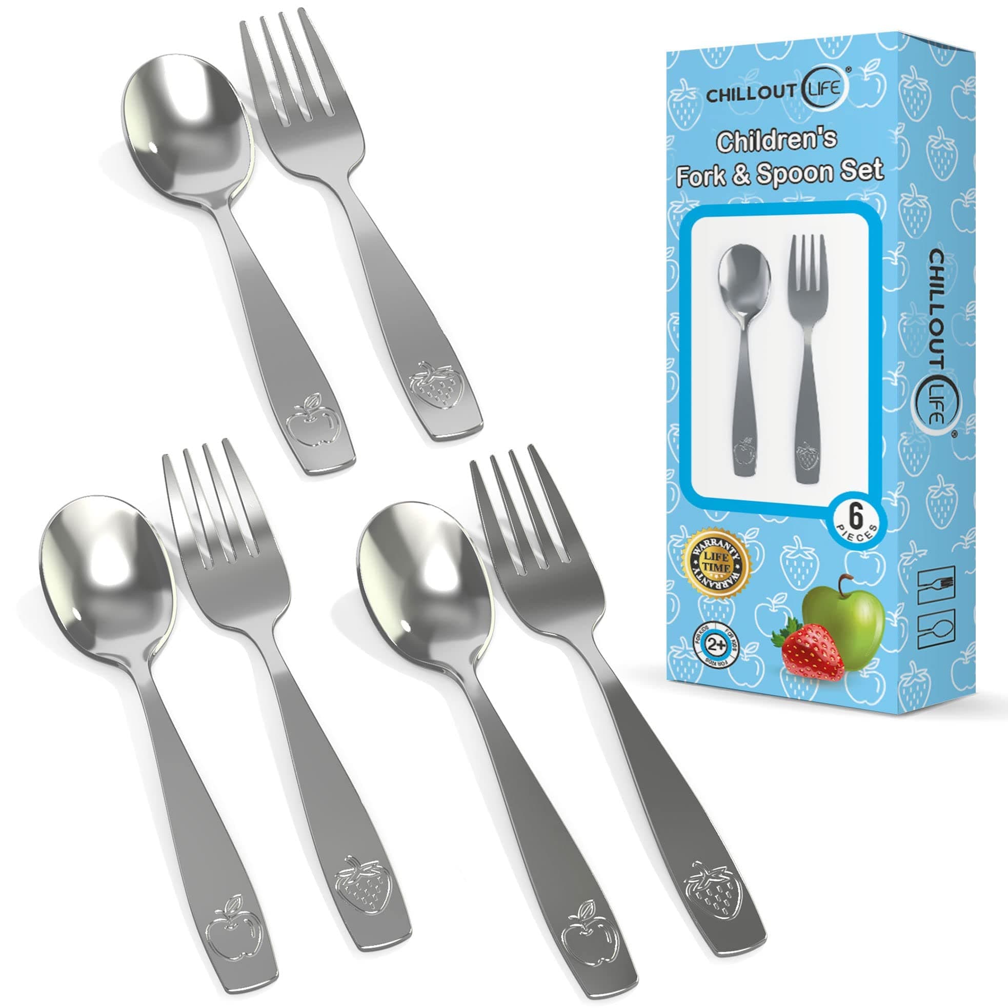 CHILLOUT LIFE Stainless Steel Kids Silverware Set 6 Pieces - Child and Toddler Safe Flatware - Kids Utensil Set - Metal Kids Cutlery Set (Includes 3 Small Kids Spoons & Kids 3 Forks) Stainless Steel 6 Piece