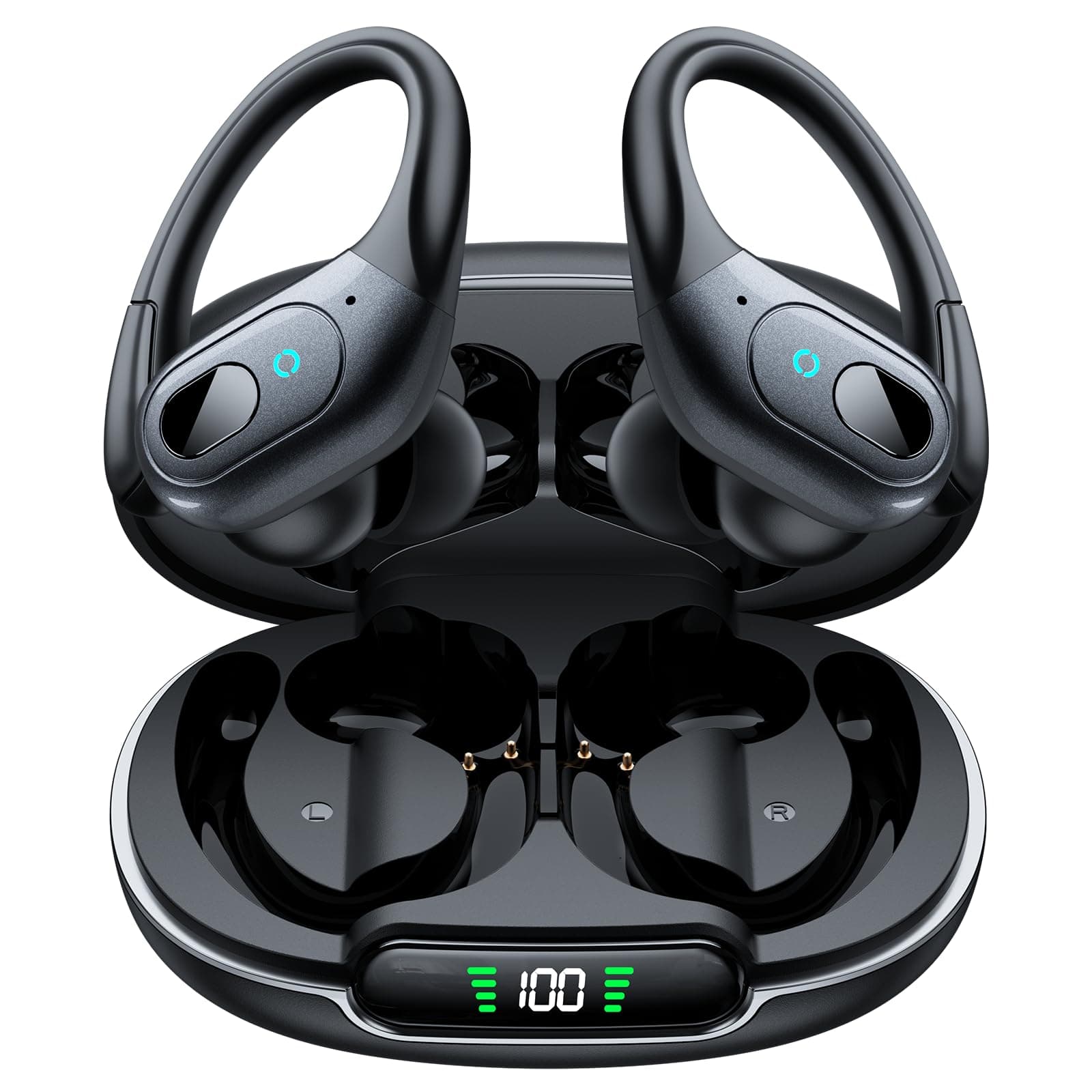 occiam Active Noise Cancelling Earbuds Wireless Bluetooth Headphones Ear Buds 90Hrs Playback Stereo Bass Earphones with Mic Over-Ear Hooks IPX7 Waterproof Headset for Work Sports Running Gym Black