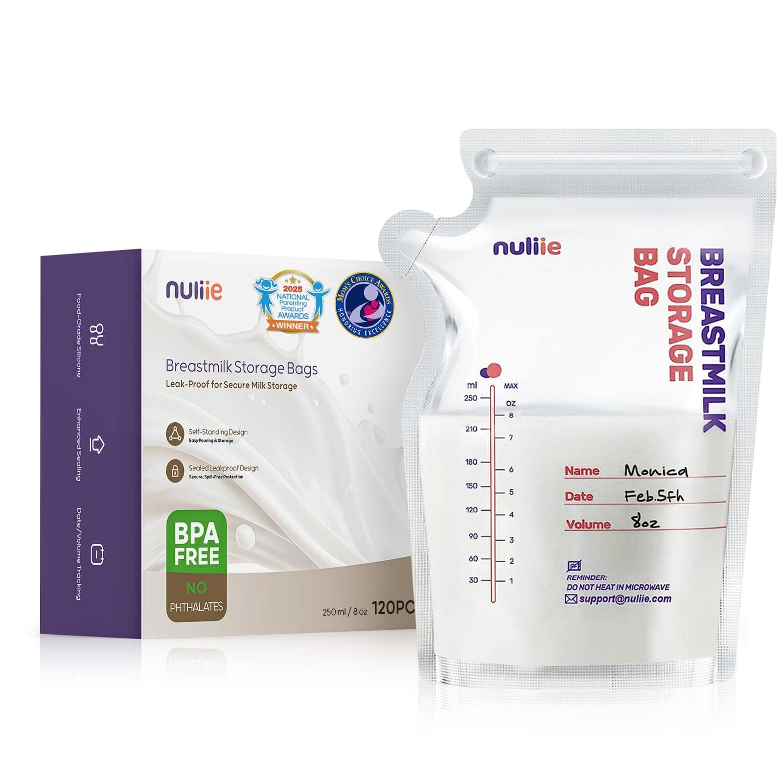 Nuliie 120 Pcs Breastmilk Storage Bags, 8 OZ Breast Milk Storing Bags, BPA-Free, Milk Storage Bags with Pour Spout for Breastfeeding, Self-Standing Bag, Space Saving Flat Profile 120 Count (Pack of 1)