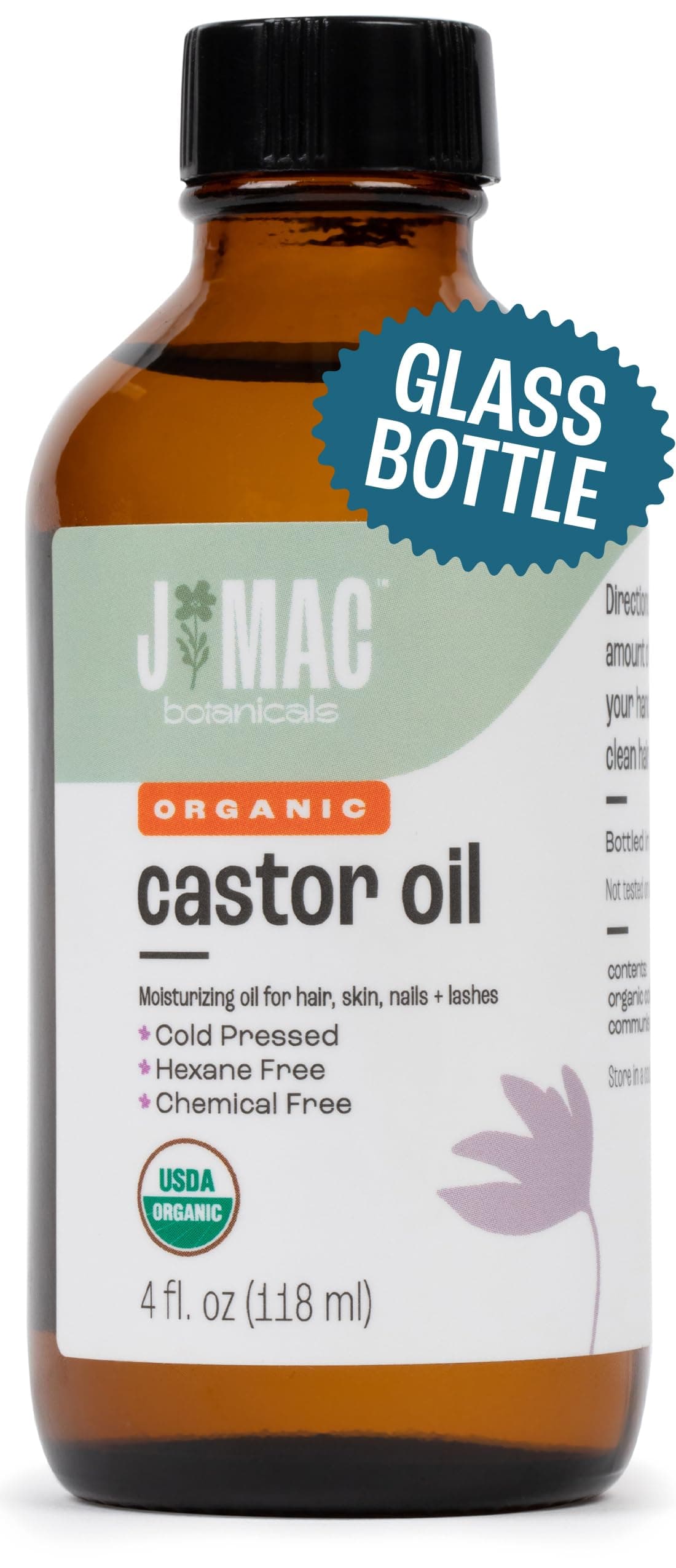 J MAC BOTANICALS Organic Castor Oil Cold Pressed (Glass Bottle, 4 oz, NO DROPPER), pure hexane free castor oil for face, skin, eyelashes 4 Fl Oz (Pack of 1)