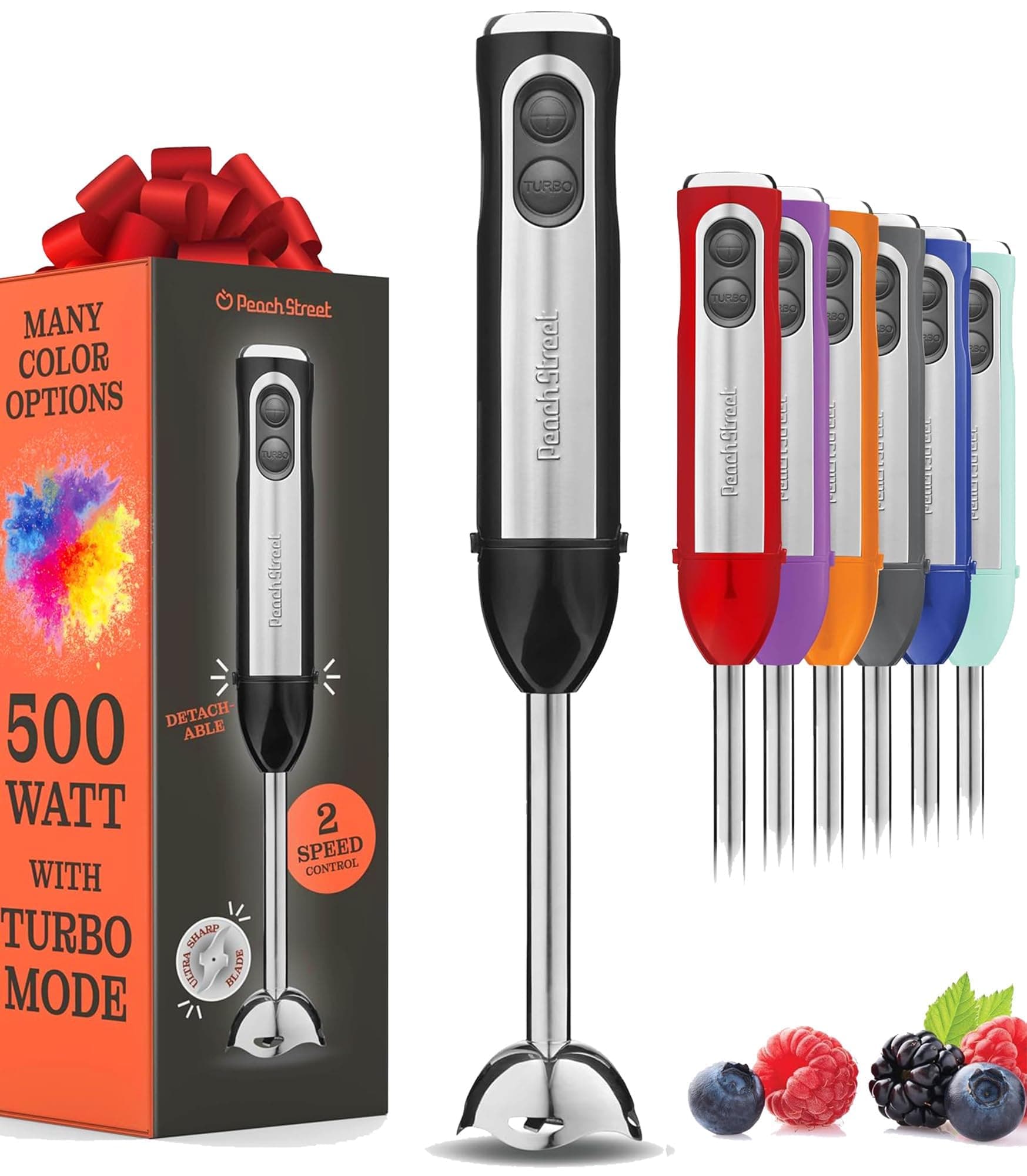 Powerful Immersion Blender, Electric Hand Blender 500 Watt with Turbo Mode, Detachable Base. Handheld Kitchen Gadget Blender Stick for Soup, Smoothie, Puree, Baby Food, 304 Stainless Steel Blades 500 Watt Blender Black