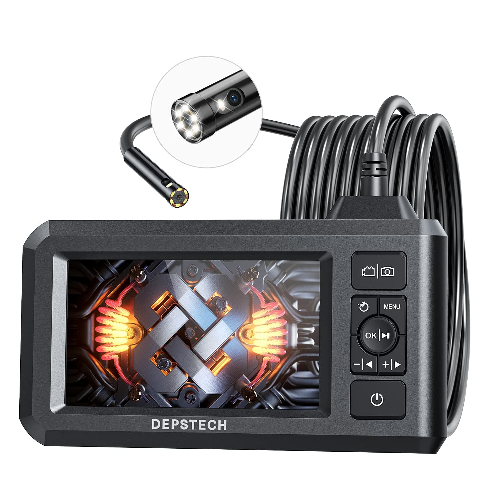 DEPSTECH Dual Lens Industrial Endoscope, 1080P Digital Borescope Inspection Camera, 7.9mm IP67 Waterproof Sewer Camera with 4.3" LCD Screen, 7 LED Lights, 16.5FT Semi-Rigid Cable, 32GB Card-Black