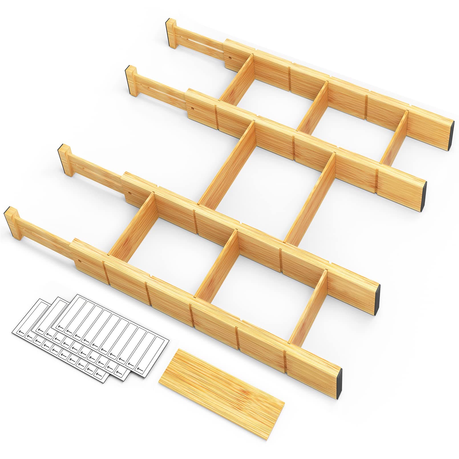 SpaceAid Bamboo Drawer Dividers with Inserts and Labels, Kitchen Adjustable Drawer Organizers, Expandable Organization for Home, Office, Dressers, 4 Dividers with 9 Inserts (17"-22" Natural) 2.35''H, 17''-22''L, 4 Dividers NATURAL