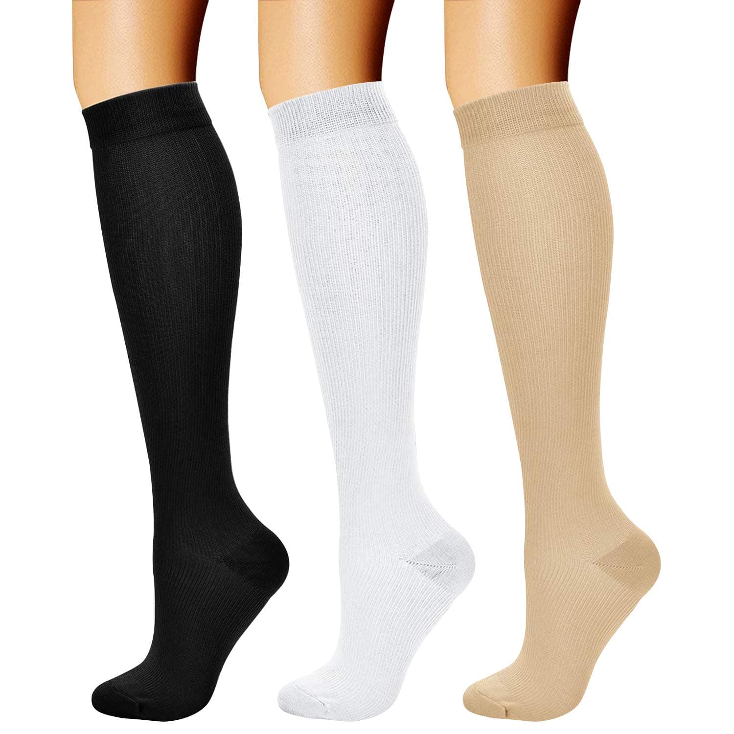 CHARMKING Compression Socks for Women & Men Circulation (3 Pairs) 15-20 mmHg is Best Support for Athletic Running Cycling Small-Medium 02 Black/White/Nude