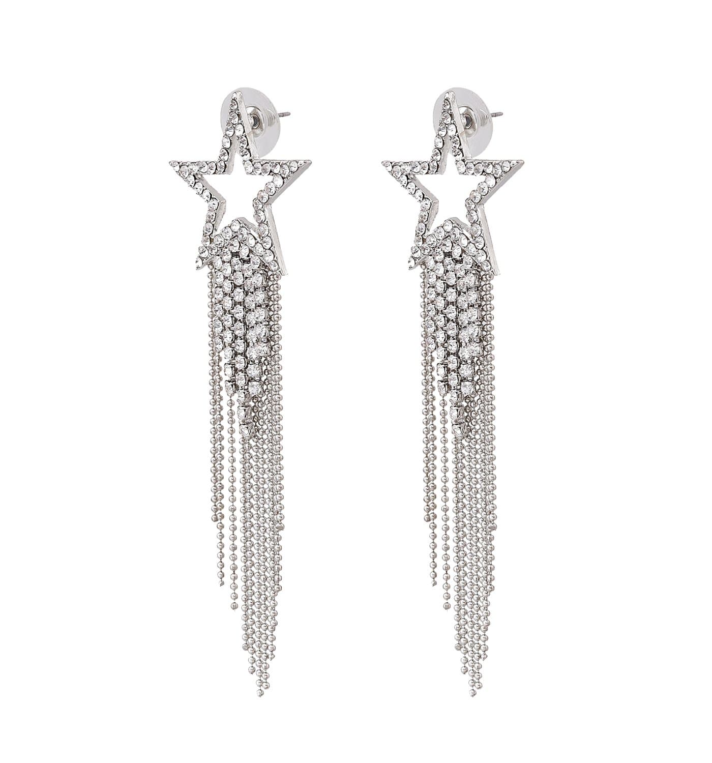 Women’s Tassel Earrings Star Ear Stud Pave Crystal Dangle Earrings Boho Waterfall Beaded Fringe Drop Earring silver