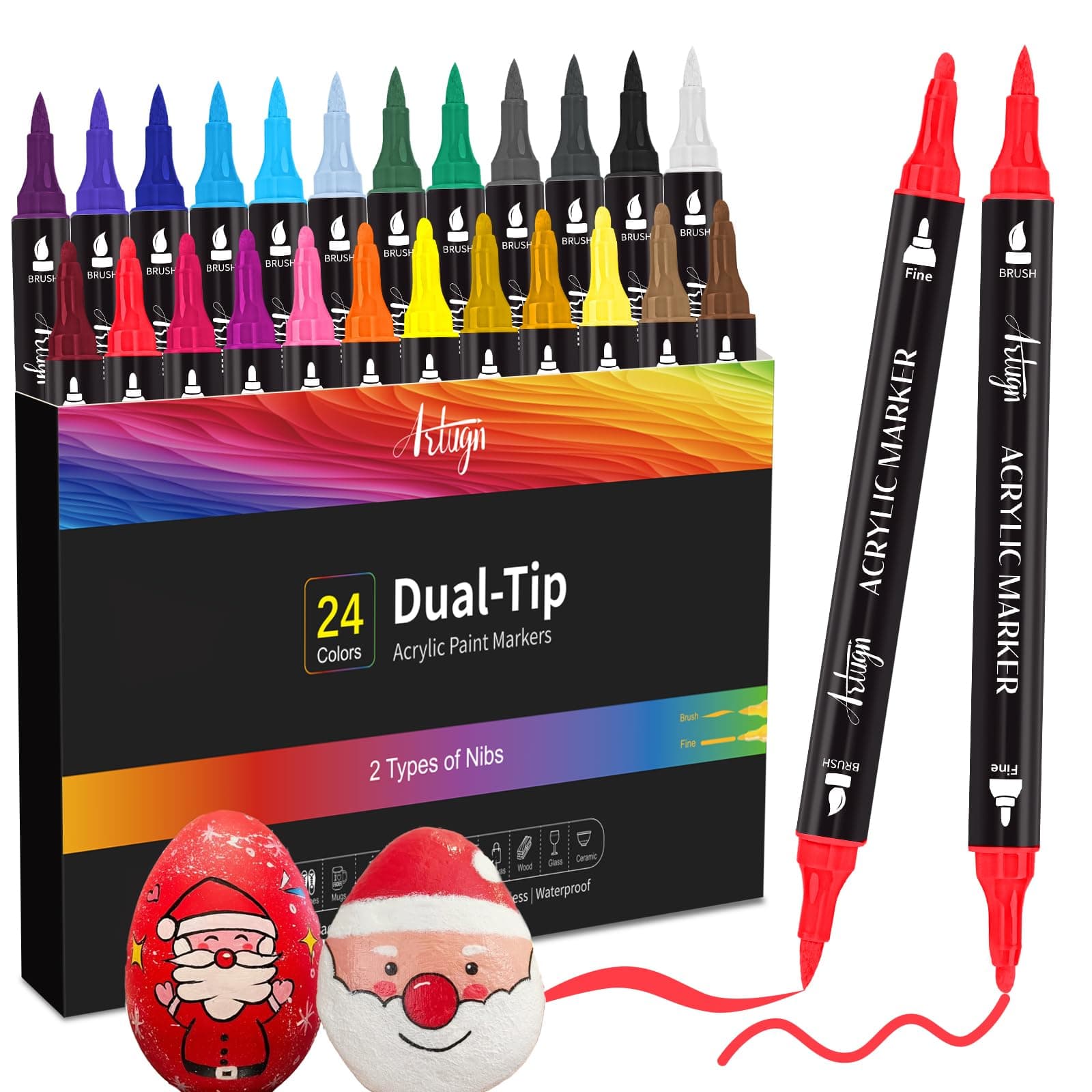 24 Colors Acrylic Paint Pens, Dual Tip Markers for Rock, Ceramic, Wood, Plastic, Calligraphy, Scrapbooking, Card Making, Stocking Stuffers, Christmas Gifts for Teens DIY Crafts