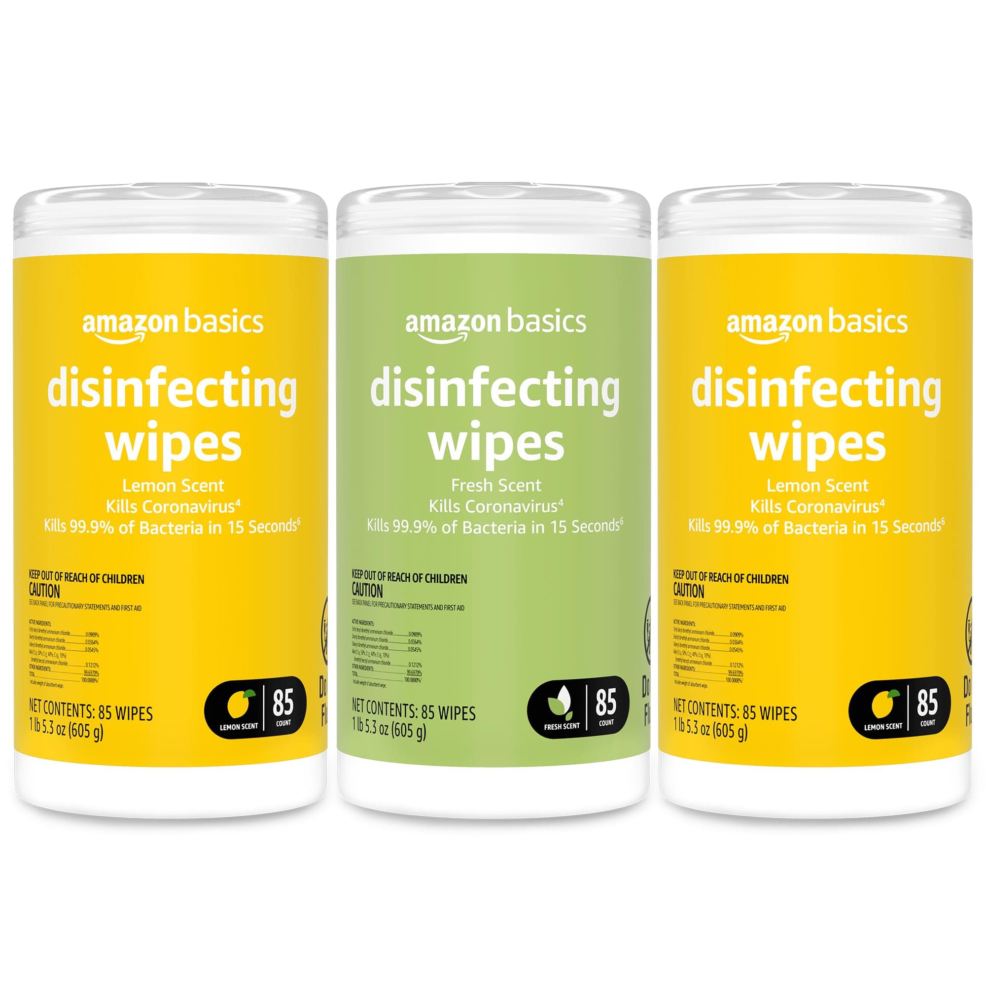 Amazon Basics Disinfecting Wipes, Lemon & Fresh Scent, Sanitizes/Cleans/Disinfects/Deodorizes, 255 Count (3 Packs of 85) 3 Pack--2 Lemon, 1 Fresh 85 Count (Pack of 3)