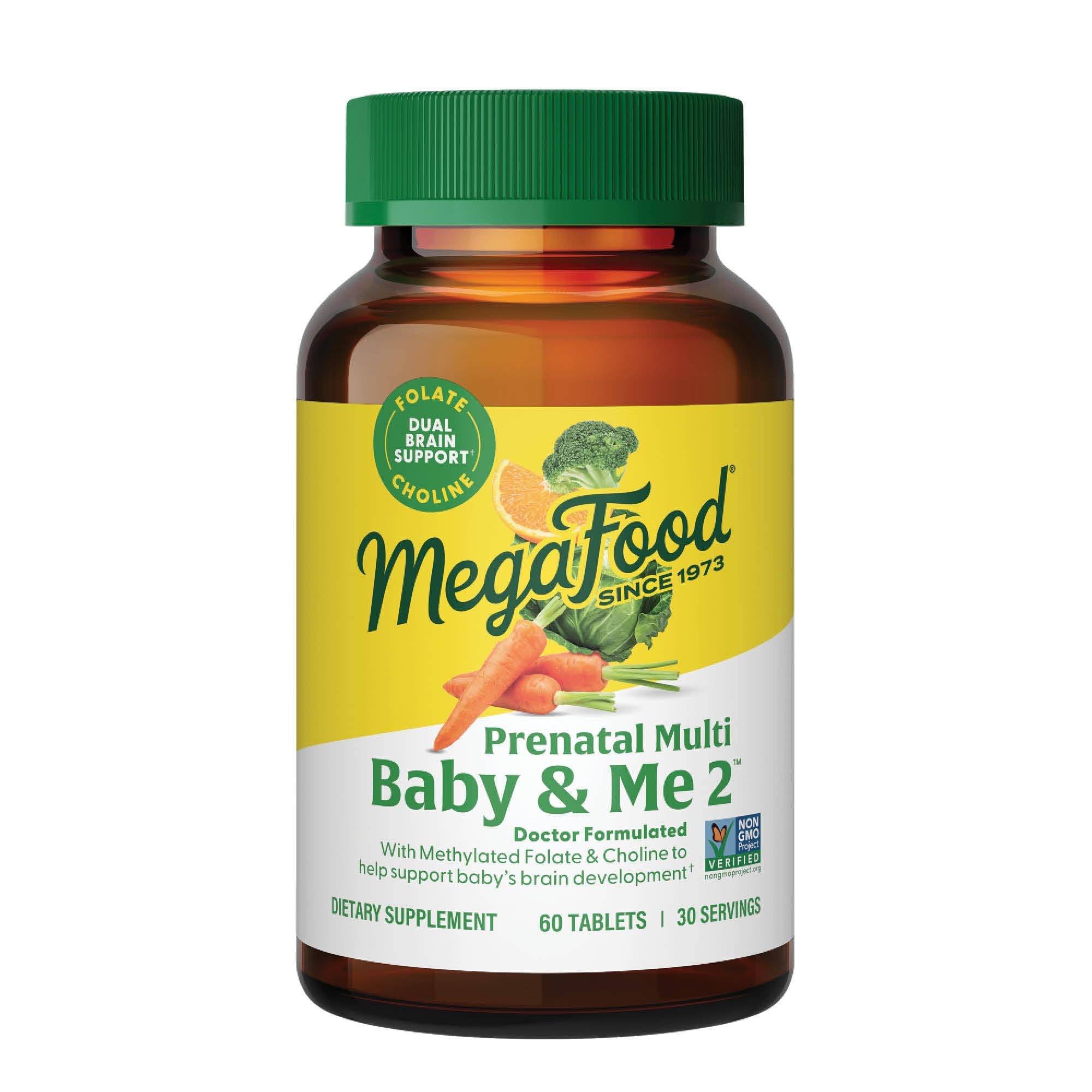 MegaFood Baby & Me 2 Prenatal Vitamin and Minerals - Vitamins for Women - with Folate (Folic Acid Natural Form), Choline, Iron, Iodine, and Vitamin C, Vitamin D and more - 60 Tabs (30 Servings) 60 Count (Pack of 1)