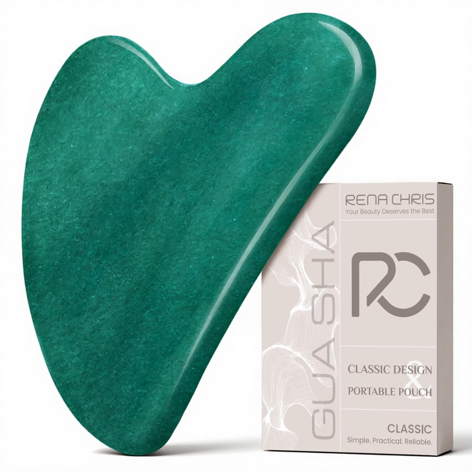 Rena Chris Gua Sha Facial Tools: Natural Jade Stone Guasha Tool for Face Acupuncture Therapy, Facial Massager for Jawline Sculpting and Puffiness Reducing (Green)