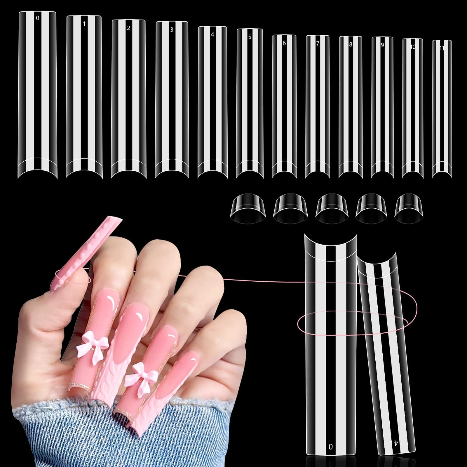 504 PCS No C Curve Clear Nail Tips for Acrylic Nails Professional, 3XL Extra Long, 12 Sizes Half Cover Straight Tapered Square French Fake Nail Tips for Nail Salons Home DIY 504pcs square