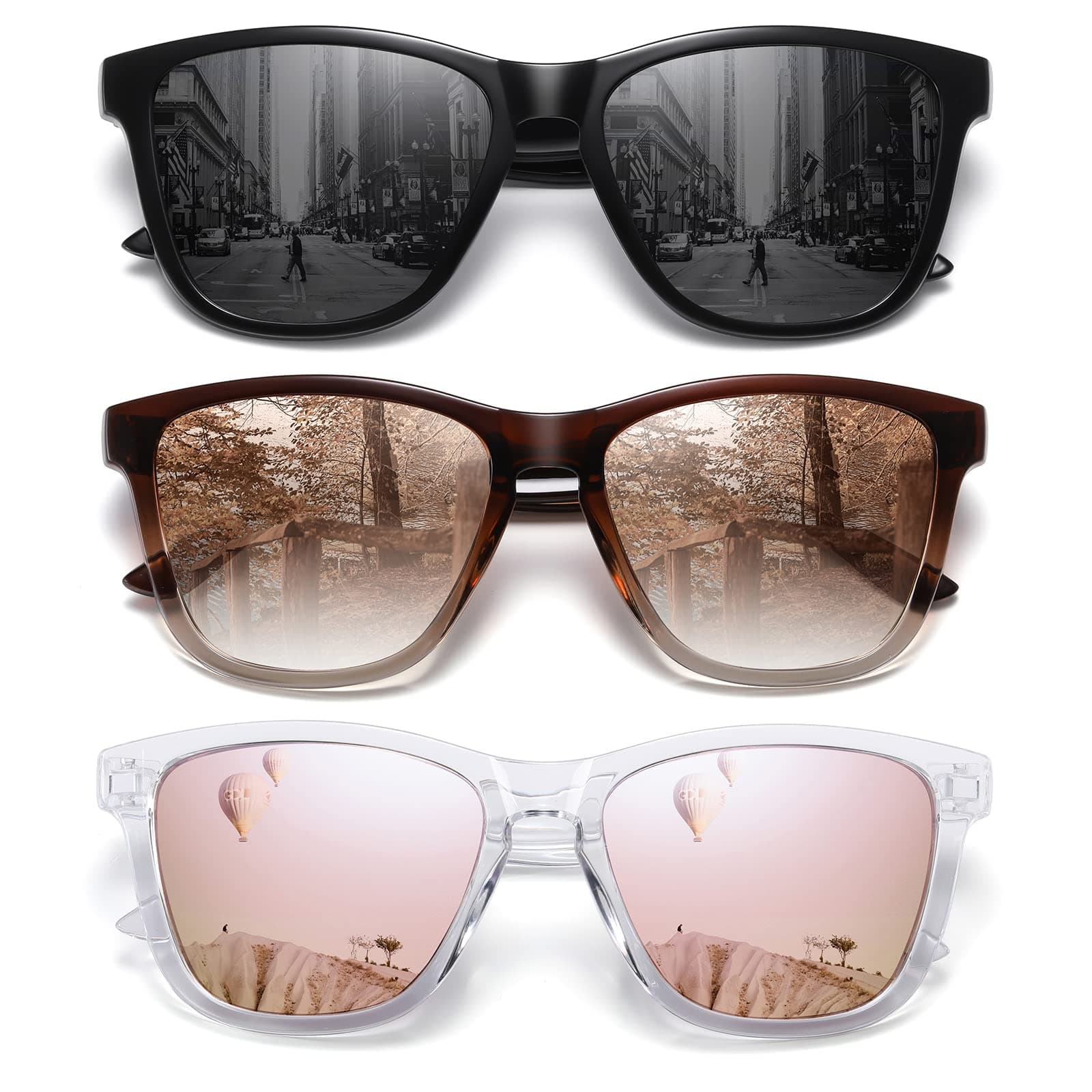 MEETSUN Polarized Sunglasses for Women Men Classic Retro Designer Style Fashion UV400 Protection 3 Pack Black Lens + Brown Gradient Lens + Pink Mirrored