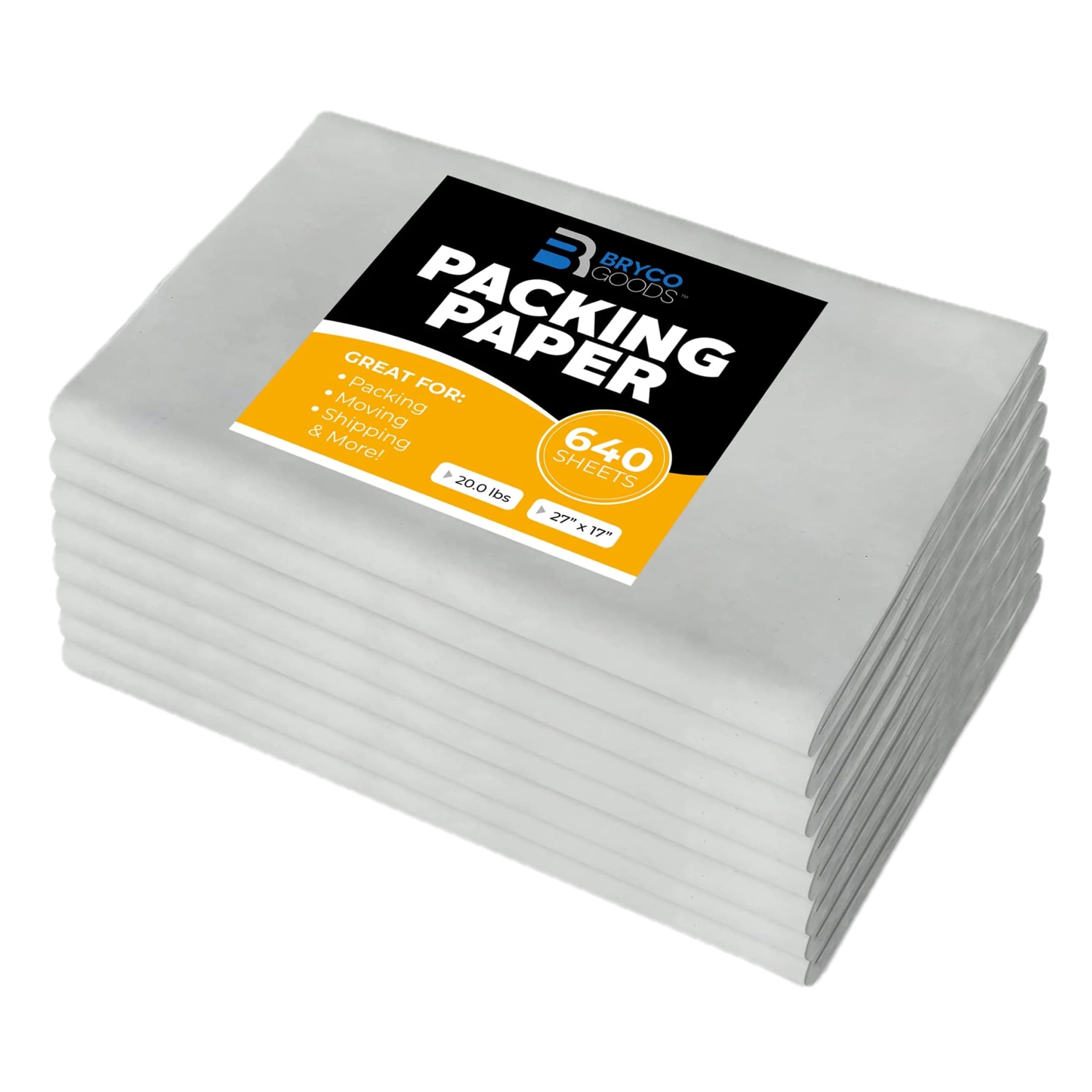 Bryco Goods Packing Paper Sheets for Moving | 640 Sheets | 27" x 17" | 20lb | Made in USA | Newsprint Paper | Must Have in Your Moving Supplies 27" x 17" (640 Sheets)