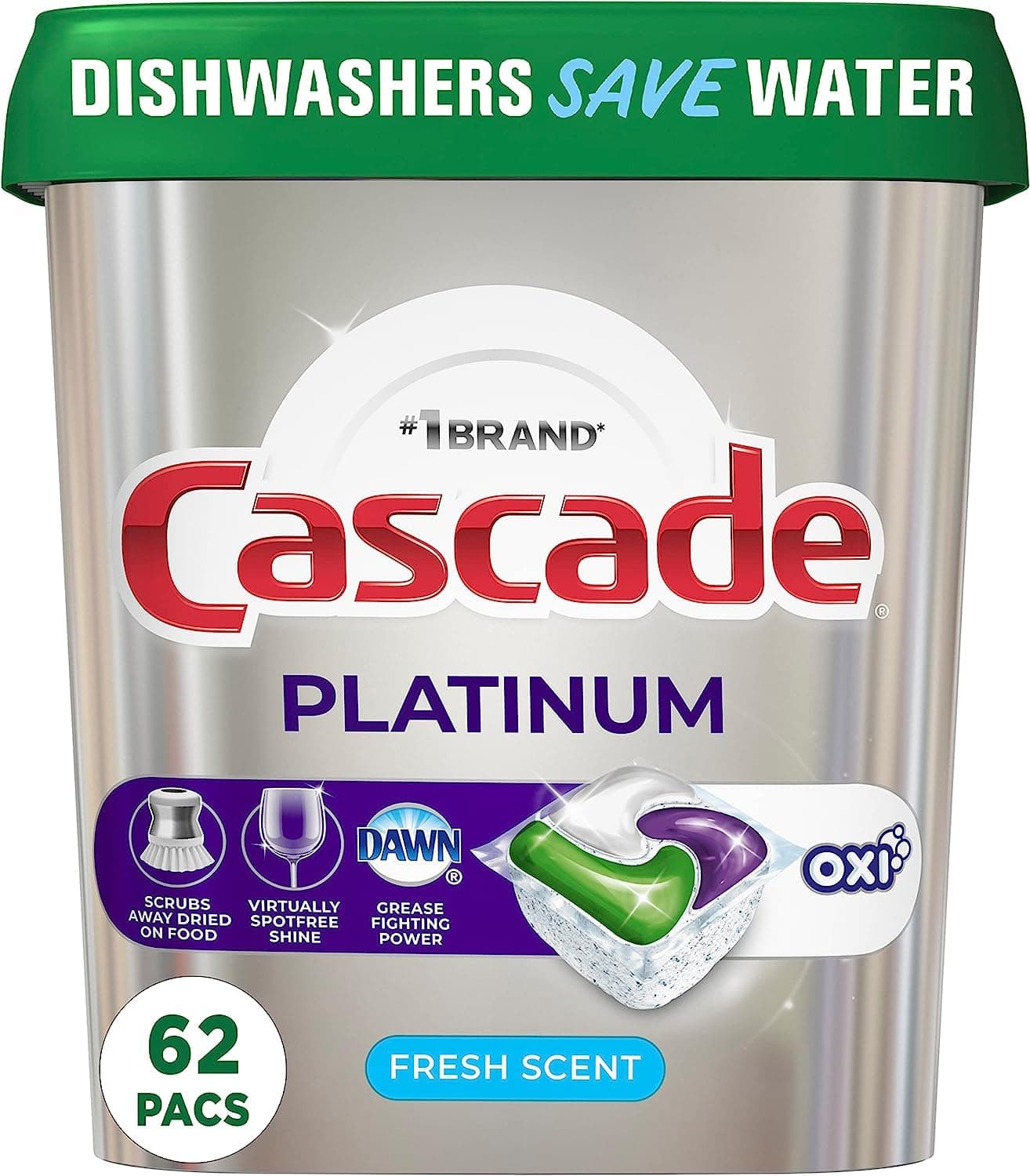 Cascade Platinum Dishwasher Soap Pods, Actionpacs + Oxi, Fresh, 62 Count of Dishwasher Detergent Pods Fresh + Oxi 62 Count (Pack of 1)