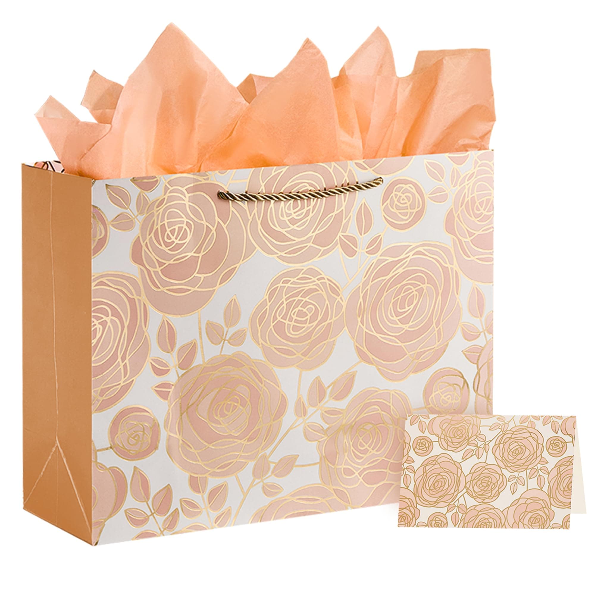 SUNCOLOR Large Gift Bag with Tissue Paper and Card, Rose Gold, Large 13W x 10.2H x 4.7D inches, for Wedding, Birthday, Baby Shower