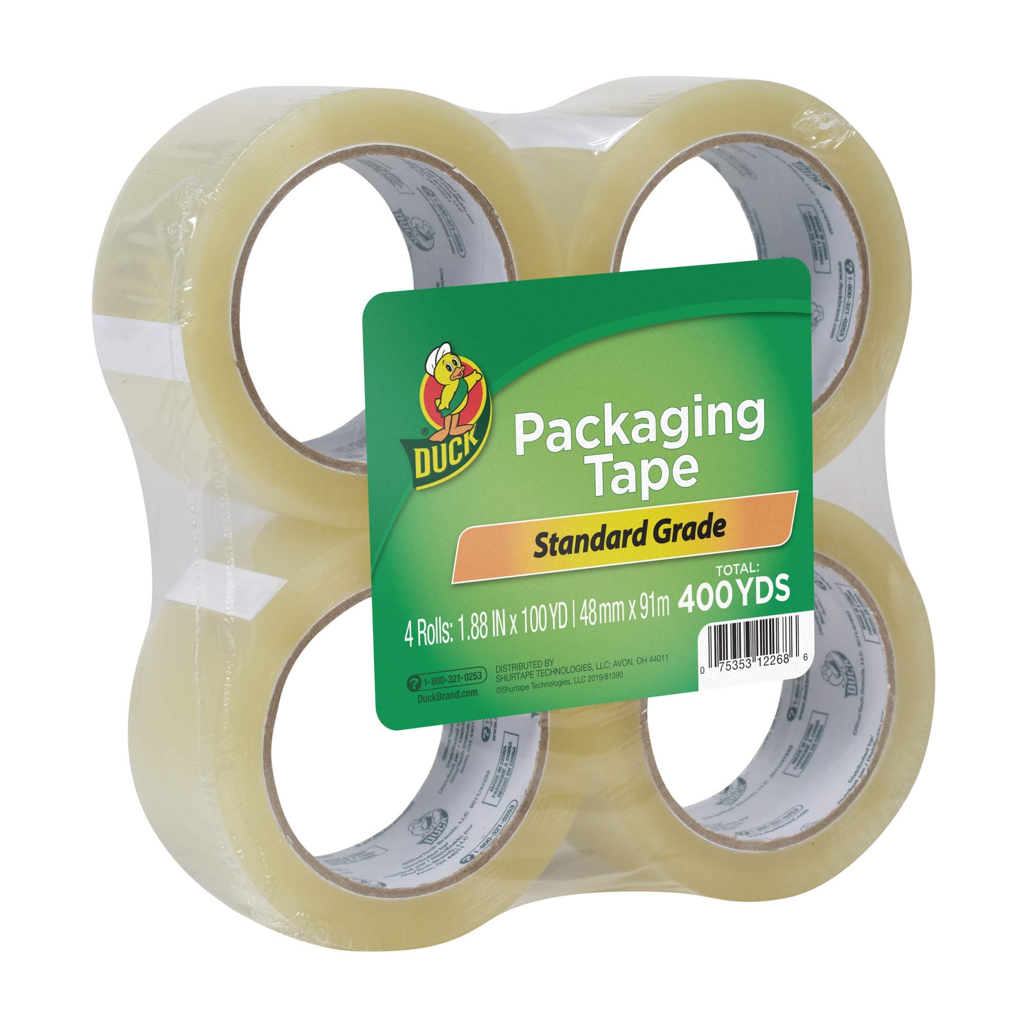 Duck Brand Standard Packaging Tape Refills - 4 Extra Long Rolls of Clear Packing Tape - Shipping, Mailing and Moving Supplies - 3" Core - 1.88 Inch x 100 Yards - Clear (240593) Refill 4 Rolls, 400 yds