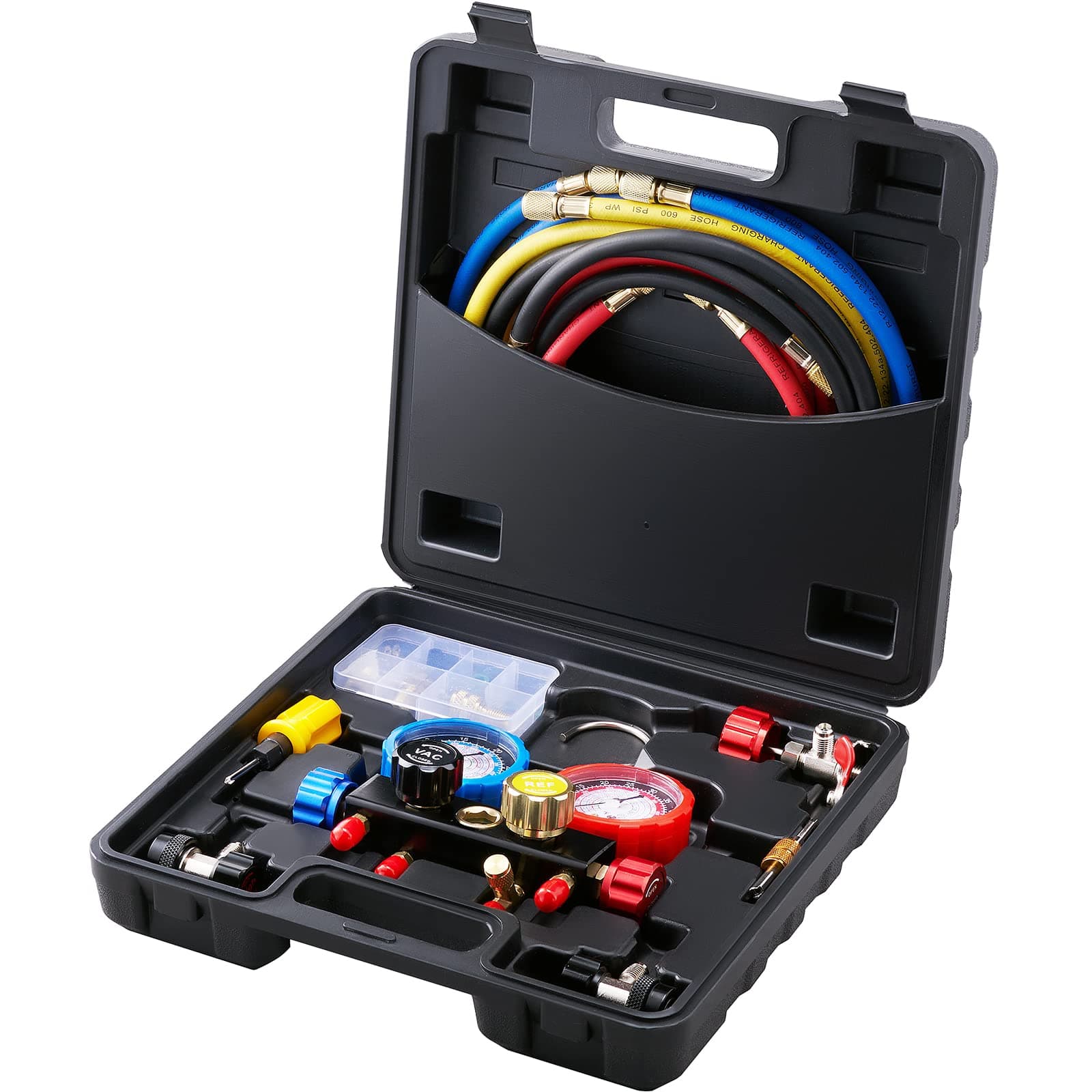 XtremepowerUS HVAC Air Vacuum Pump 3CFM 1/4HP (R134a R12 R22 R410a) A/C Refrigeration AC Manifold Gauge R134 Can-Tap Included Carrying Tote Manifold Gauge + 3CFM 1/4HP Vacuum Pump Gen1