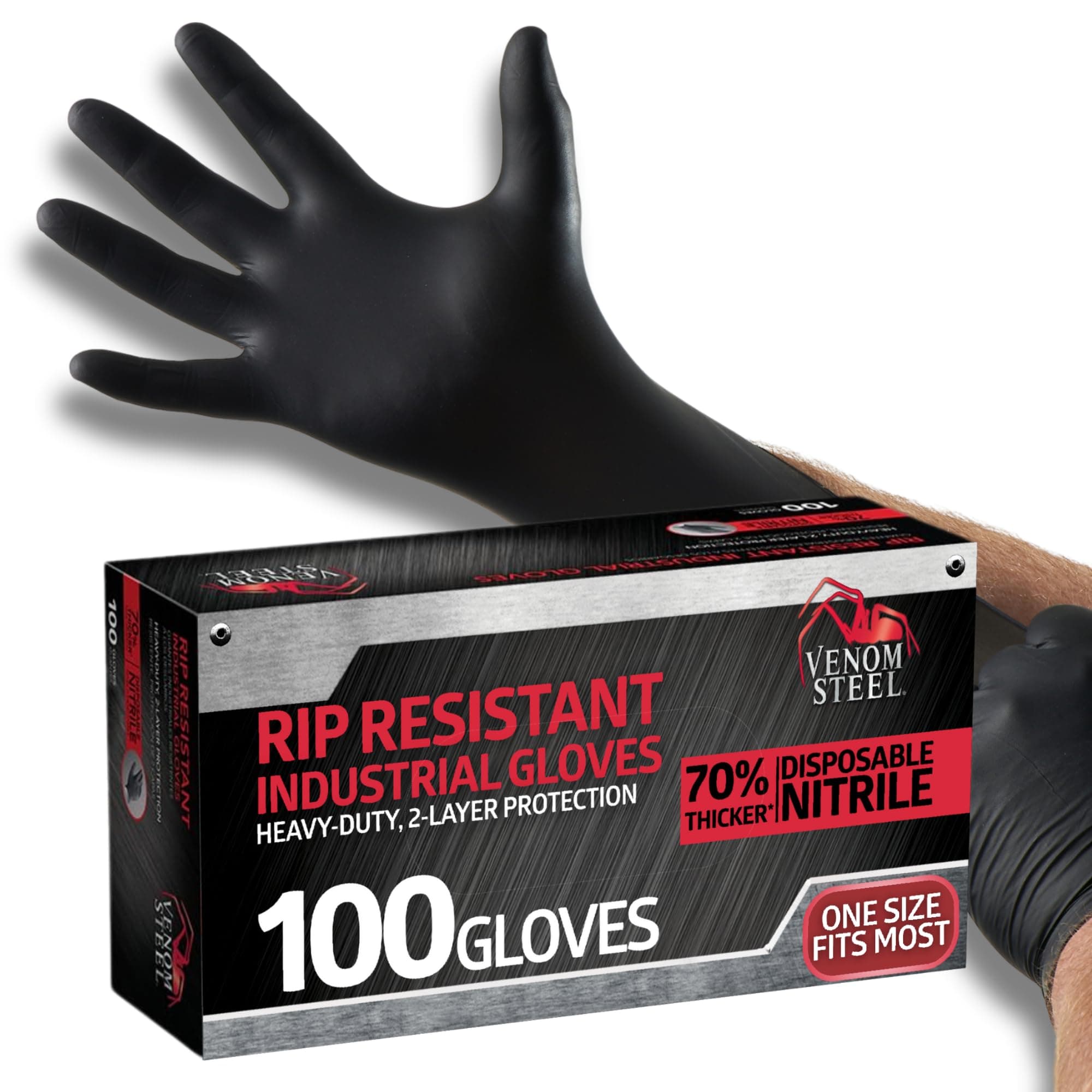 Venom Steel Industrial Nitrile Gloves, 6 mil, 2 Layer Rip Resistant, One Size Fits Most, 100 Count One Size Fits Most (Pack of 100)