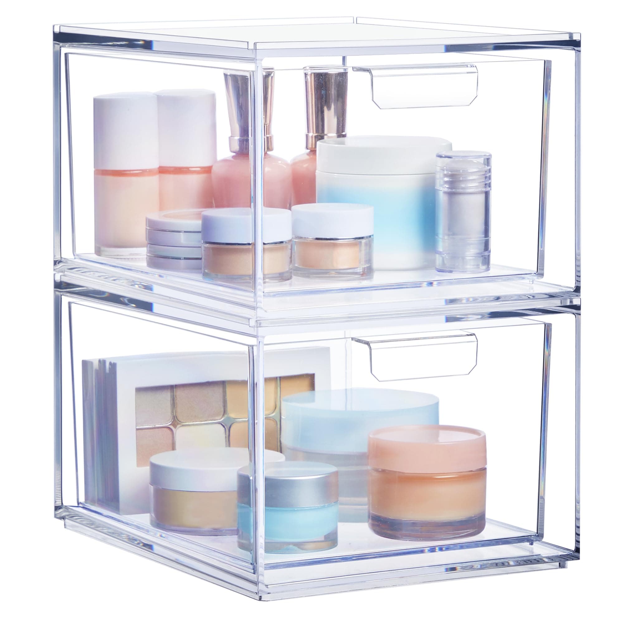 STORi Audrey Stackable Clear Bin Plastic Organizer Drawers | 2 Piece Set | Organize Cosmetics and Beauty Supplies on a Vanity | Made in USA 4.5" Tall
