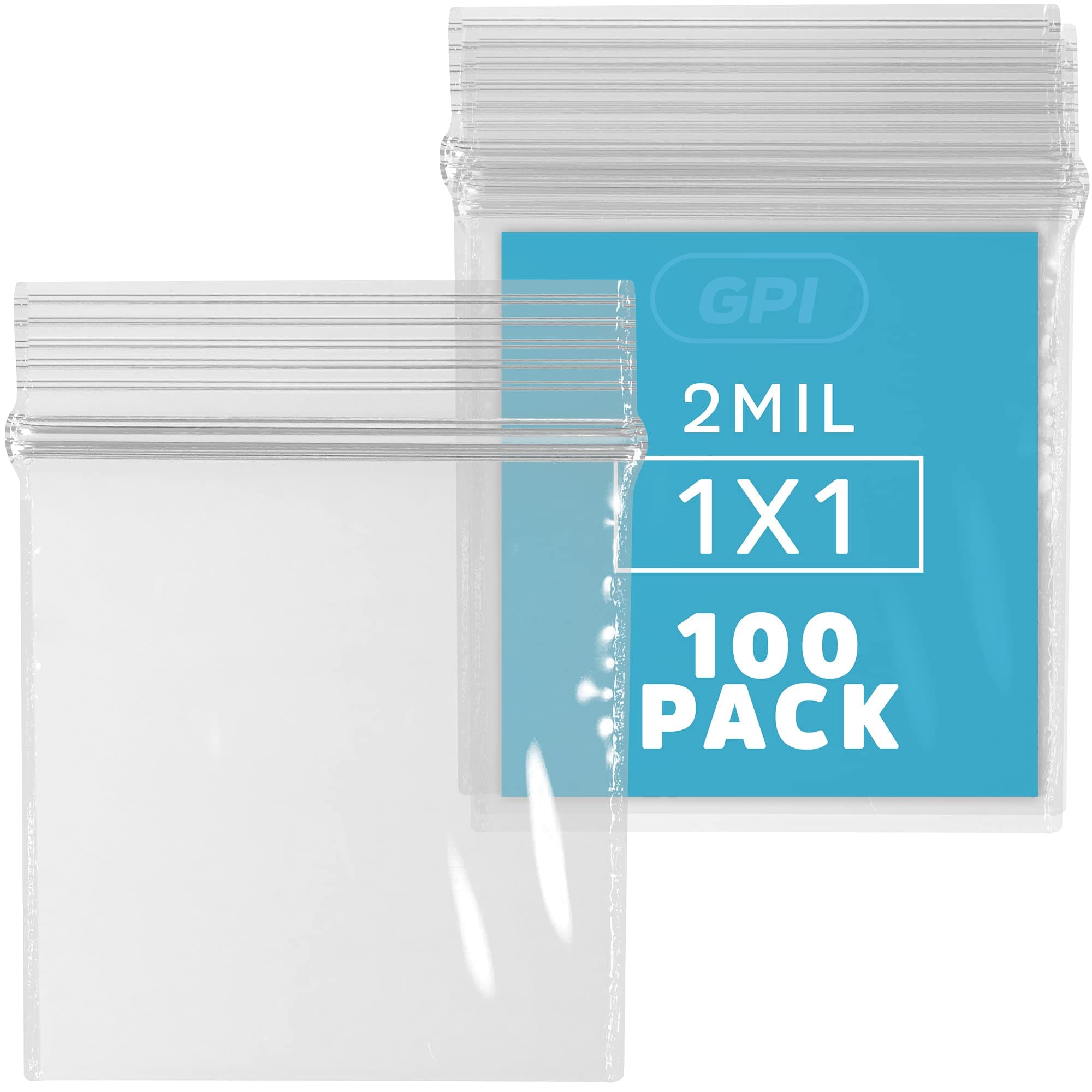 GPI- Pack of 100 1" x 1" 2.5 Mil Thick, Clear Plastic Jewelry Zip Bags, Reclosable Strong Poly Baggies with Resealable Zip Top Lock for Pills, Meds, Jewelry, Travel, Storage, Packaging & Shipping. 1" x 1" 100