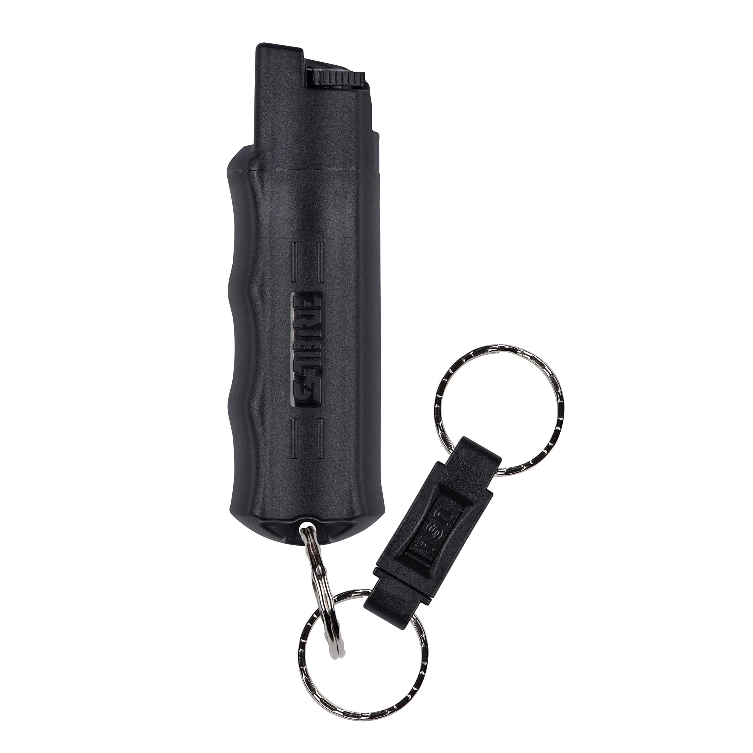 SABRE Pepper Spray, Quick Release Keychain for Easy Carry and Fast Access, Finger Grip for More Accurate and Faster Aim, Maximum Police Strength OC Spray, 0.54 fl oz, Secure and Easy to Use Safety Black