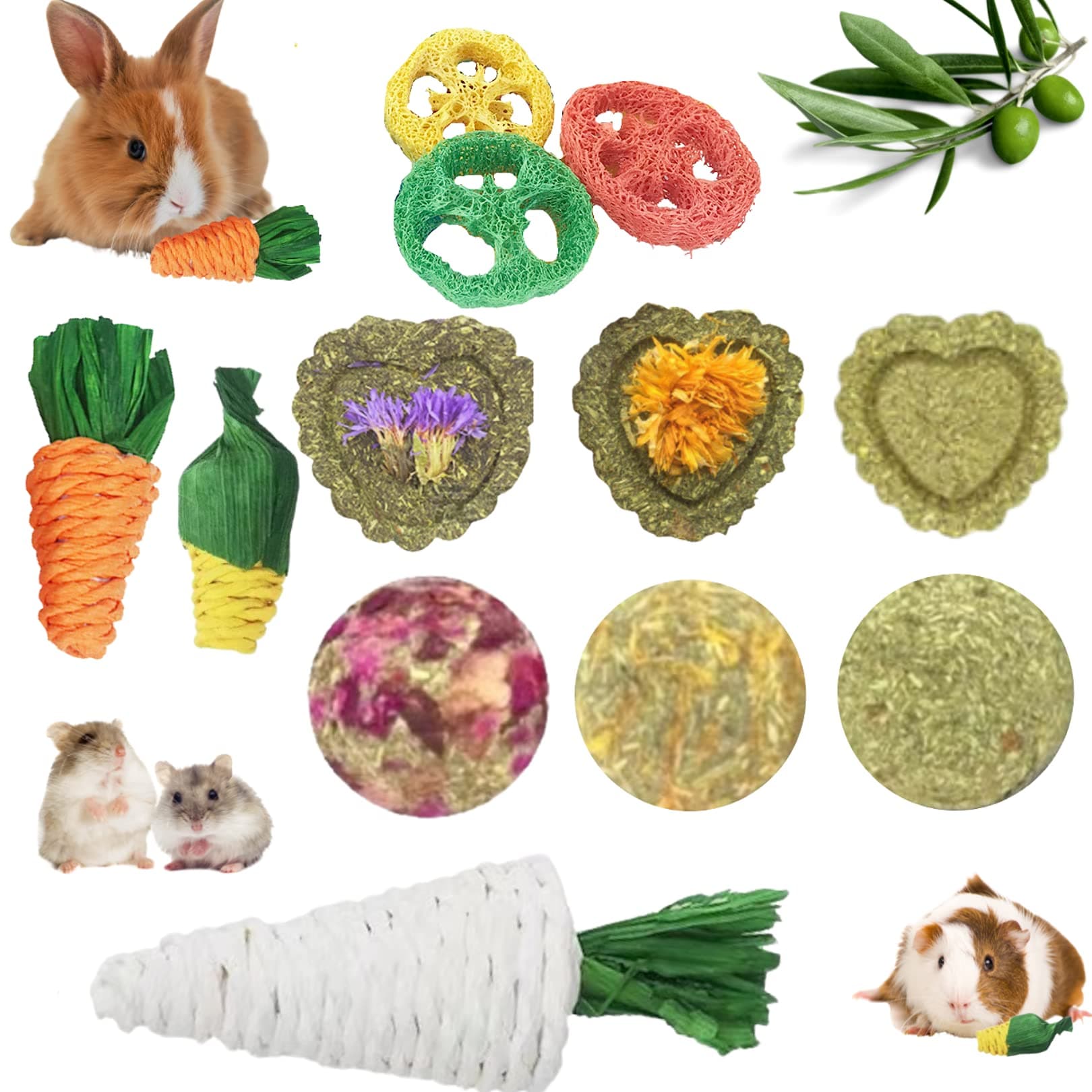 Lacrima Rabbit Bunny Guinea Pig Chew Toys 12PCS, Chew Toys and Treats for Rabbit Guinea Pig Hamster Chinchilla, Small Animal Teeth Care
