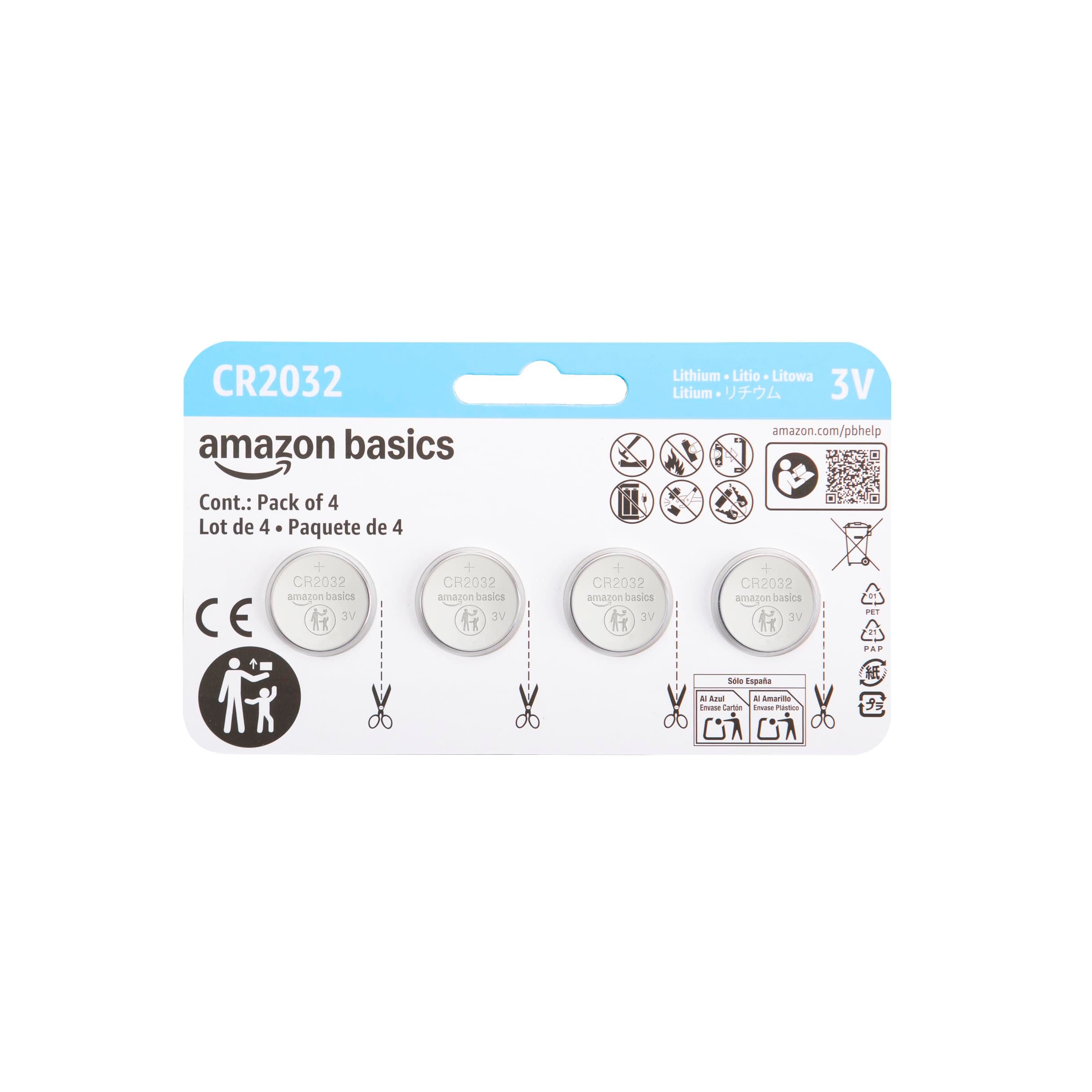Amazon Basics CR2032 Lithium Batteries, 4-Pack, Child-Proof Package, Non-Coated - AirTag Compatible 4 Count (Pack of 1)