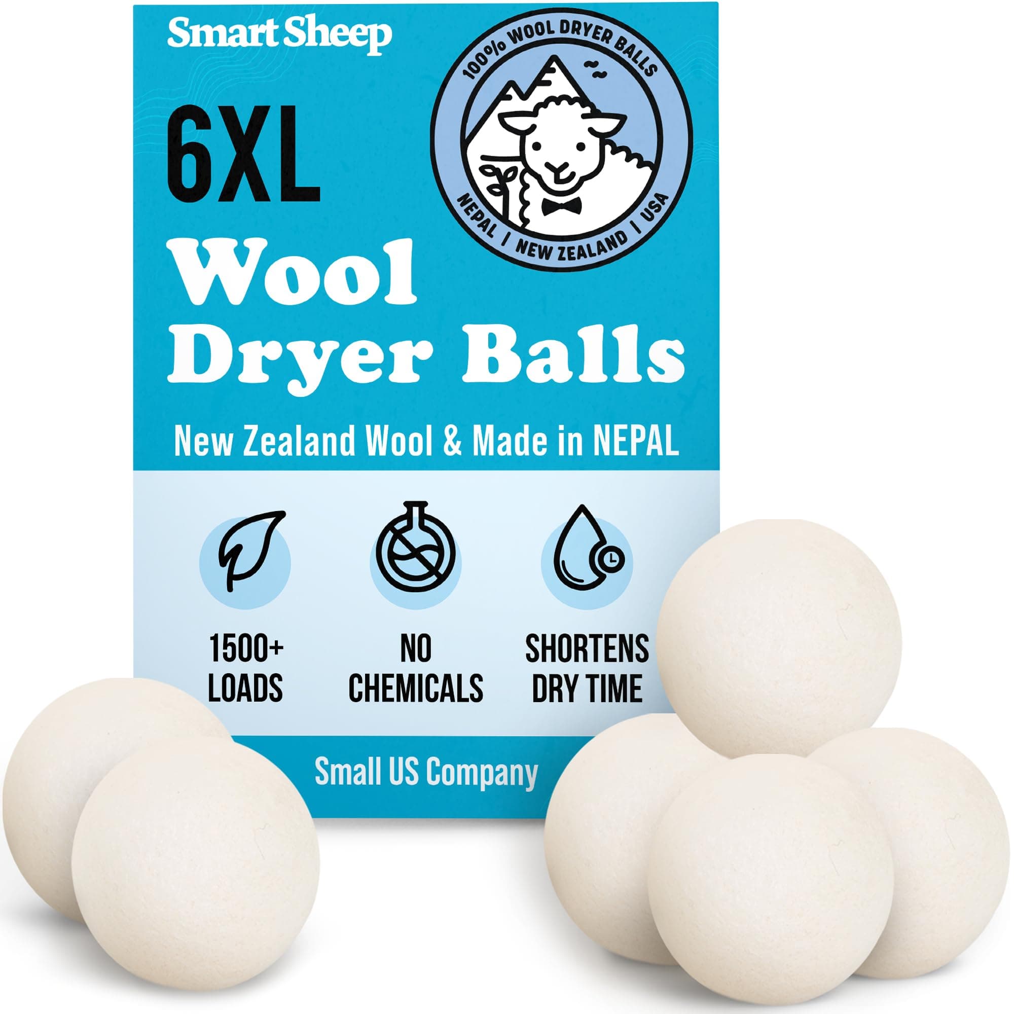 Smart Sheep Wool Dryer Balls - 6-Pack - XL Premium Natural Fabric Softener Award-Winning - Wool Balls Replaces Dryer Sheets - Wool Balls for Dryer - Laundry Balls for Dryer White