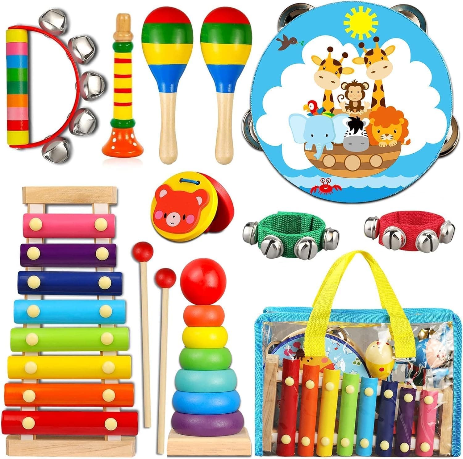 LOOIKOOS Toddler Musical Instruments,Wooden Percussion Instruments for Kids Preschool Educational Musical Toys Set Boys and Girls with Carrying Bag Kids Musical Instruments 01