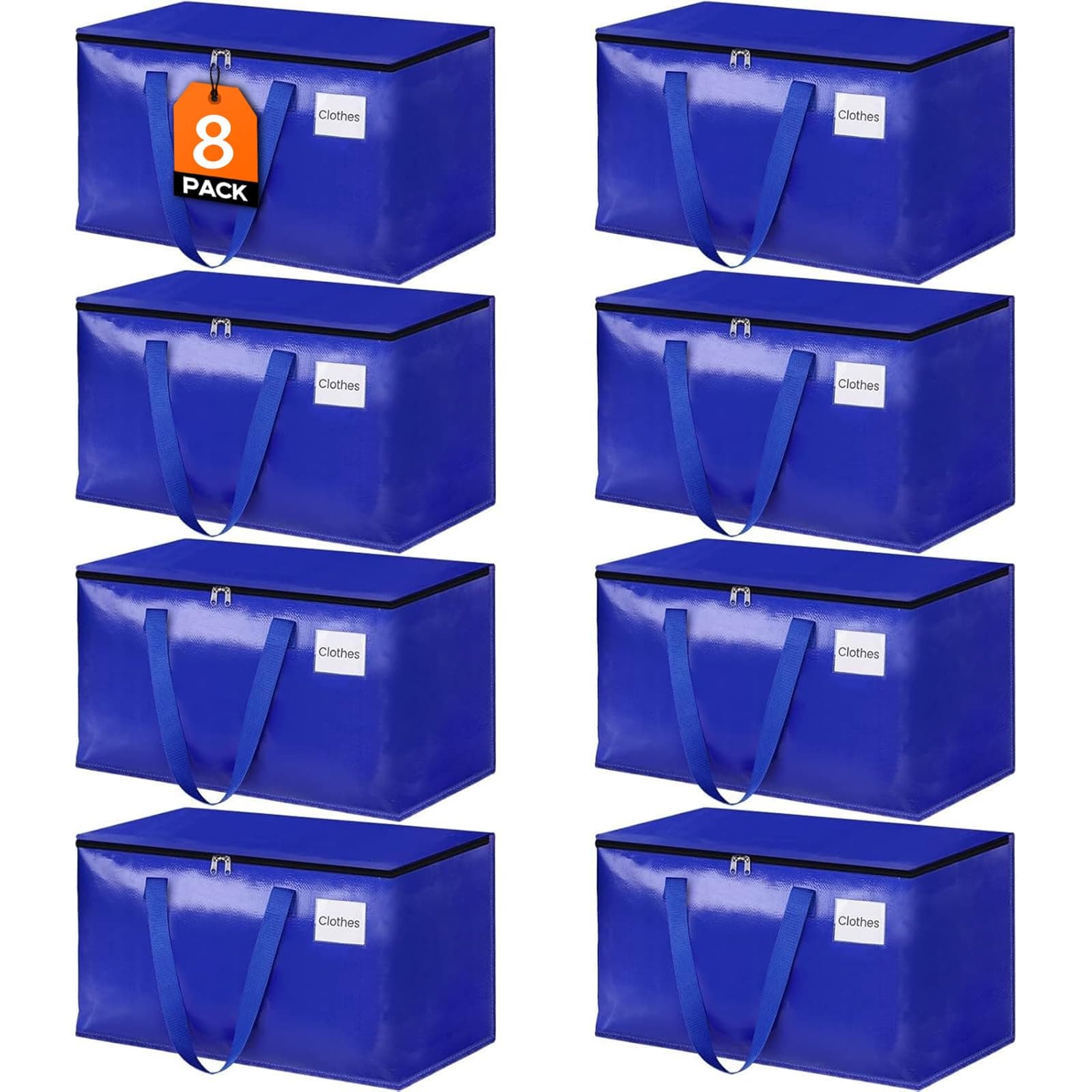 HomeHacks Moving Bags, 8-Pack Heavy Duty with Strong Zippers and Handles Collapsible Moving Supplies, Storage Totes for Packing & Moving Storing 93L-8 Pack (Blue) 8 93L