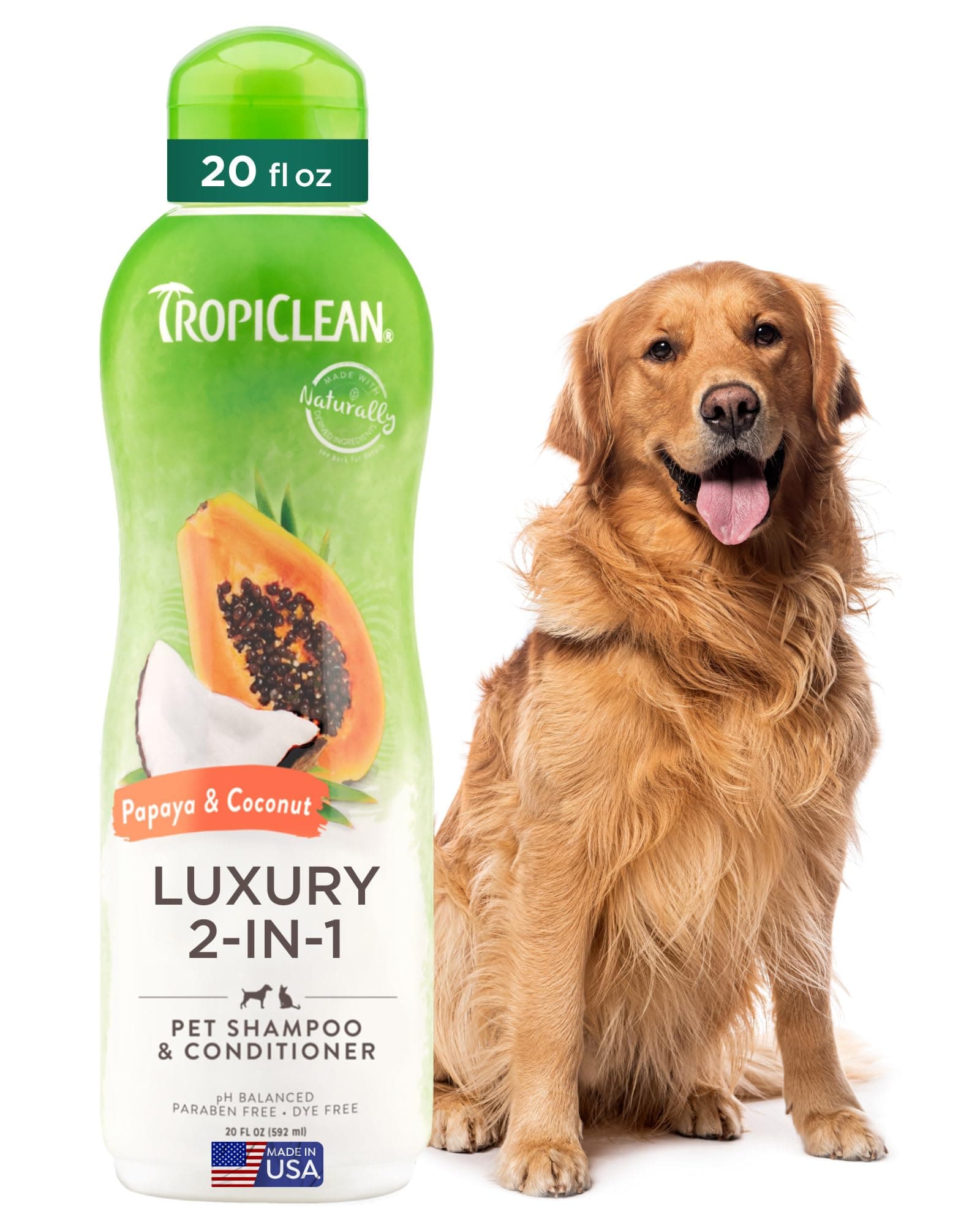 TropiClean 2-in-1 Dog Shampoo and Conditioner, Moisturizing Dog Detangler, Puppy Safe, Made in the USA, Papaya Scent, Cat & Kitten Safe, 20oz. Papaya 2in1 Shampoo & Conditioner