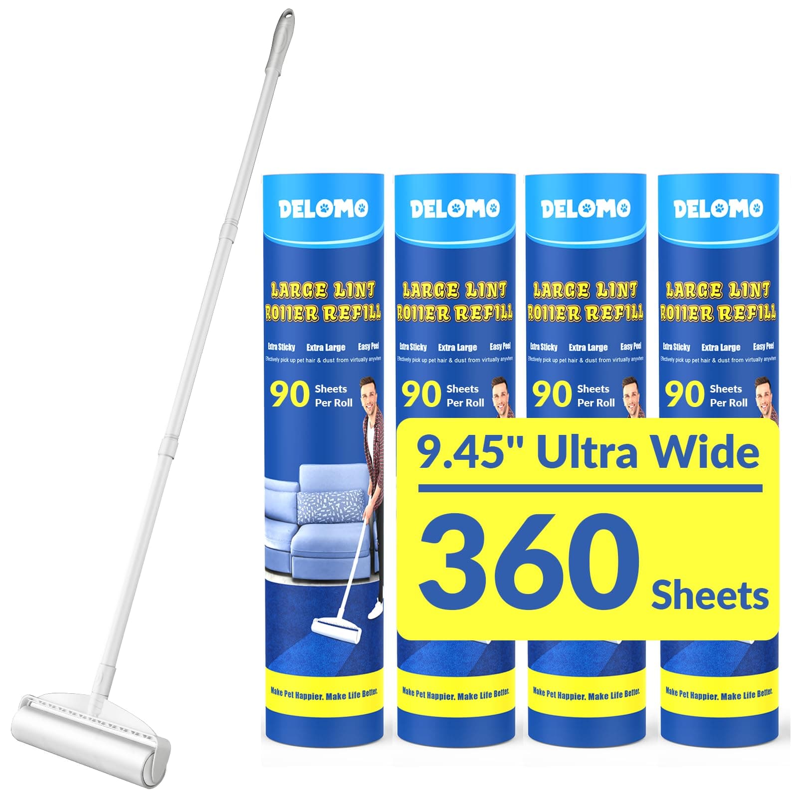 Large Lint Rollers for Carpet, Sticky Rollers for Floor DELOMO 9.45 in with 3 Extendable Handle, Long Handle Sticky Mop for Cleaning Carpets, Cars, Bedding, Couches, and Pet Hair A: 1 Roller + 4 Refills (Wide: 9.45 in)