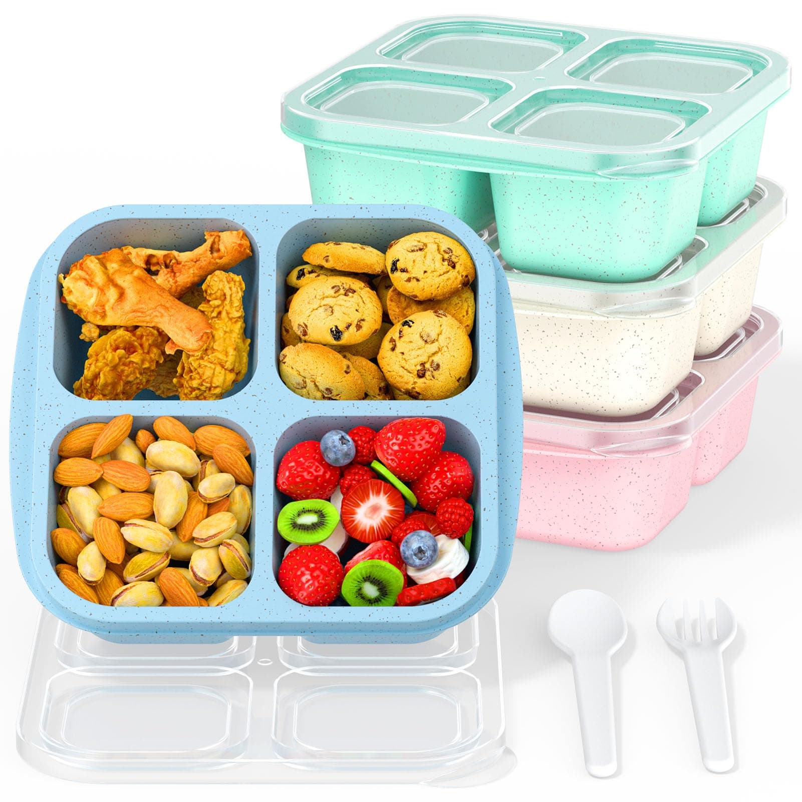 Bento Snack Boxes (4 Pack)- Reusable 4-Compartment Meal Prep Containers for Kids and Adults, Perfect Food Storage School, Compact Stackable (Wheat(Green/Blue/PK/Beige)) Wheat(Green/Blue/Pink/Beige)