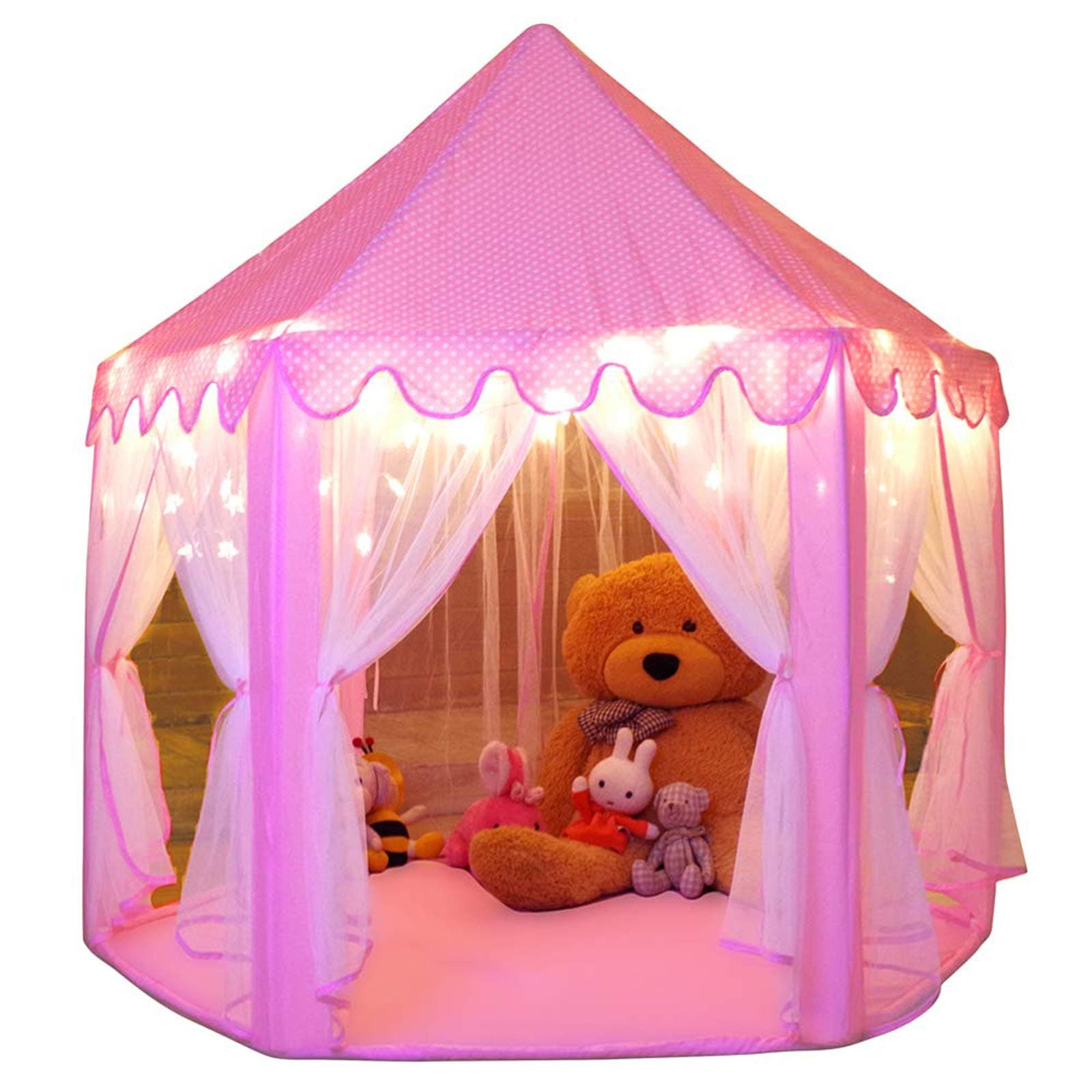 Monobeach Princess Tent Girls Large Playhouse Kids Castle Play Tent with Star Lights Toy for Children Indoor and Outdoor Games, 55'' x 53'' (DxH) 01 Pink Tent with Little Star Lights